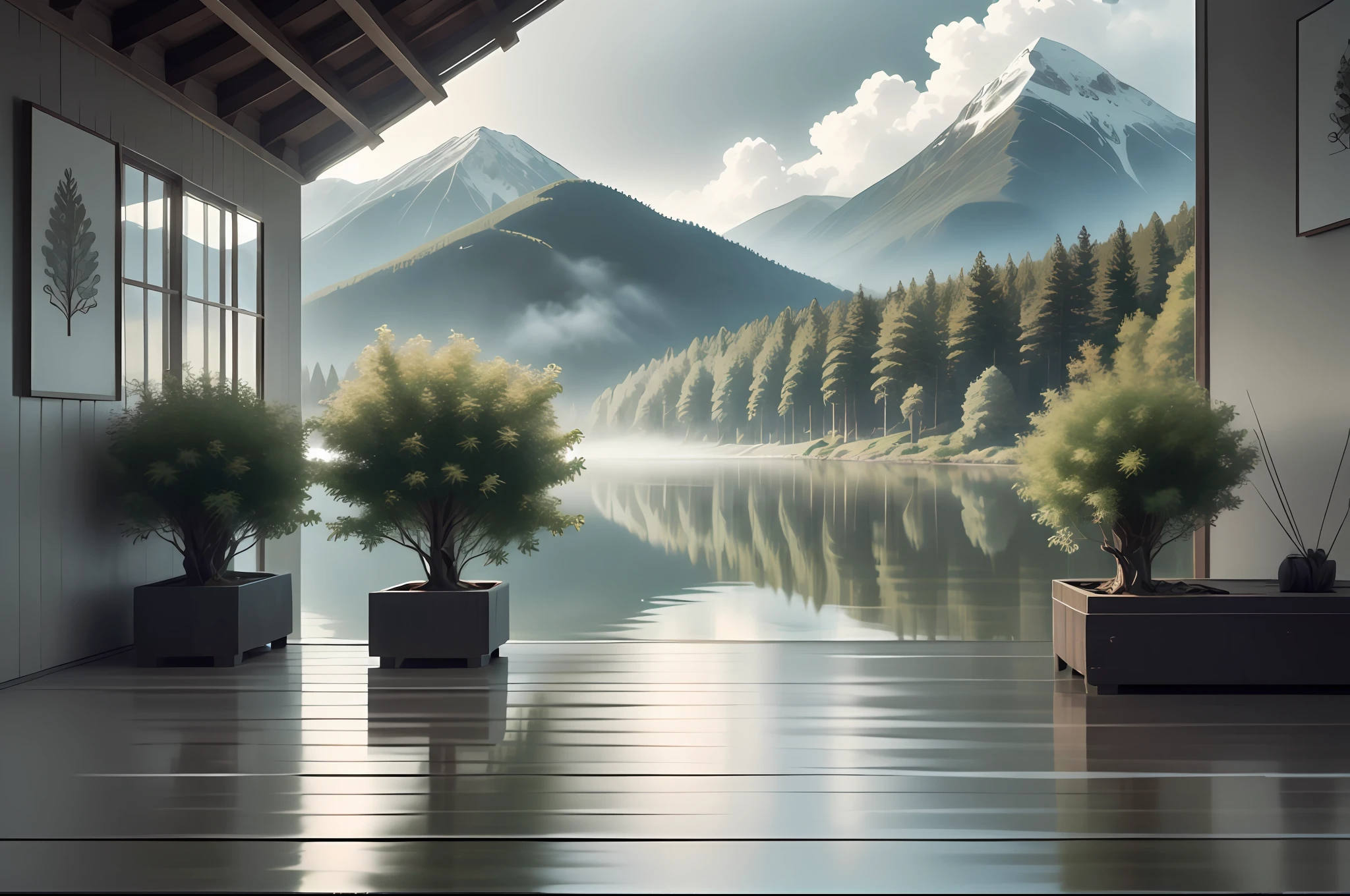 Small house by the lake....(Pine forest),.It's raining.,loft style ,It's cold but warm.,Fog,master-piece,High Quality,10,(bestquality:1.0),Surrounded by mountains and lakes, clear water.There are birds flying.