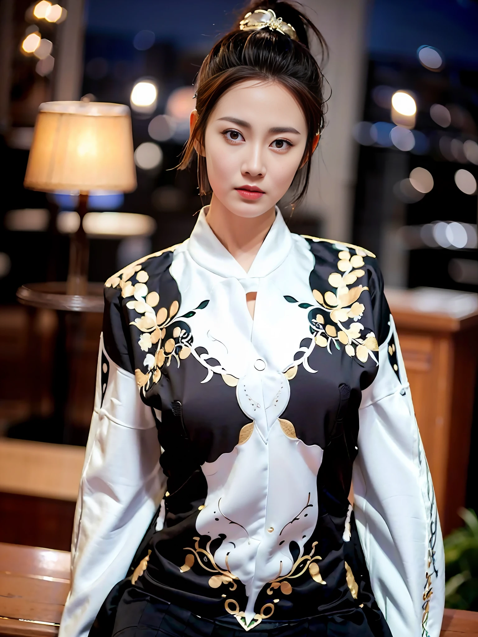 feiyu_clothes, white fabric, gold embroidery,  black bracer with golden embroidery,  white collar, high ponytail,  headband, depth of field, night cityscape, (1girl:1.6),   ulzzang-6500v1.1, (original: 1.2), (realistic: 1.3) , beautiful girl with beautiful details, extremely detailed eyes and face, eyes with beautiful details, absurd, incredibly absurd, huge file size, ultra detail, high resolution, ultra detailed, best quality, masterpiece, illustration, ultra detailed and beautiful, ultra detailed, CG, unity, 8k wallpaper, amazing, fine Detail, masterpiece, top quality, official art, extremely detailed CG unity 8k wallpaper, cinematic lighting, (perfect shiny skin:0.6), slim and smooth lines, (floating), (small breasts:1),  earrings ,