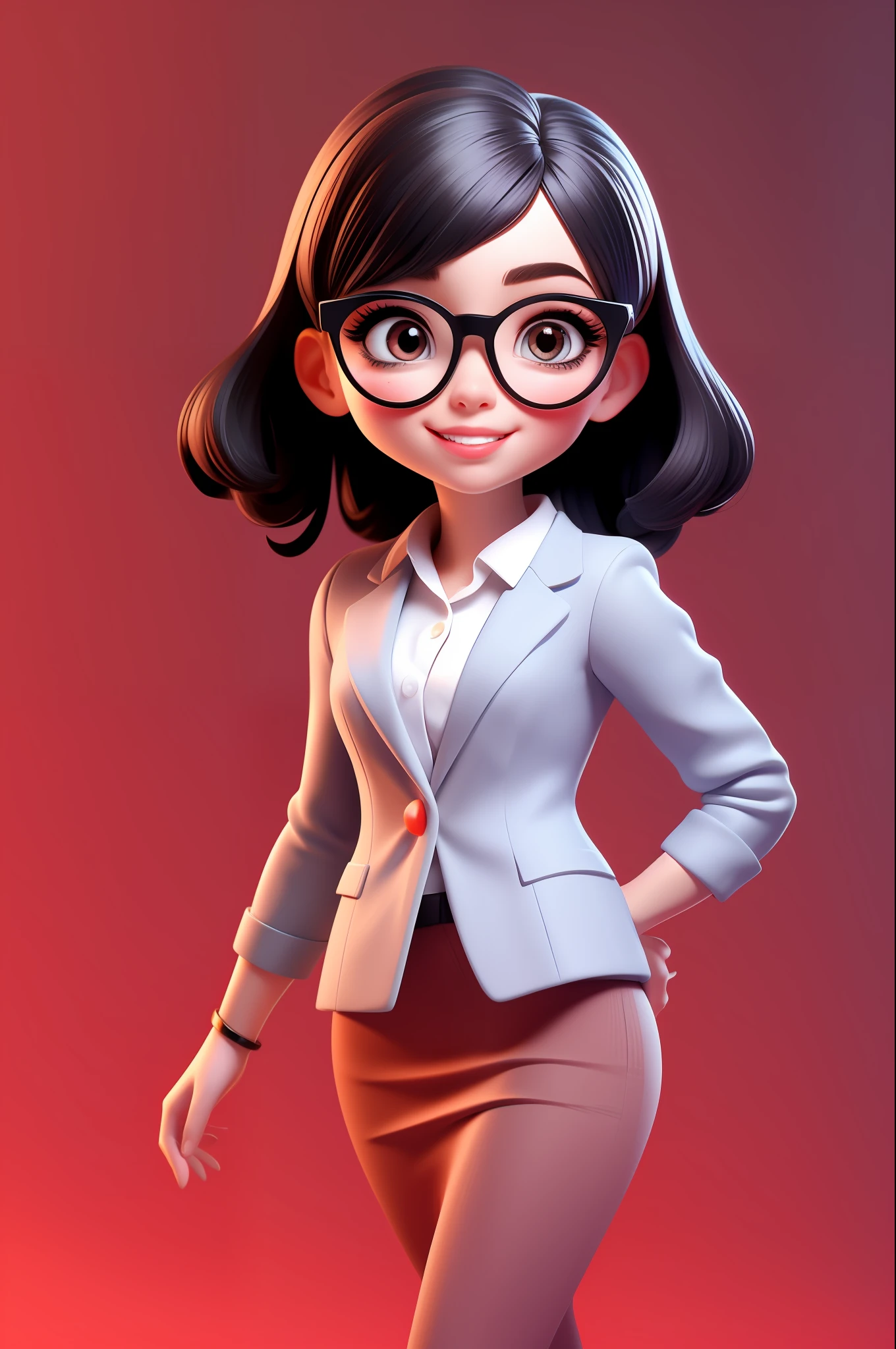 3D 角色，办公室女孩，黑色头发，戴眼镜，漂亮的，迷人的，微笑（半个身子：1.2），简单背景，的杰作，最佳品质，（红色渐变背景：1.1）