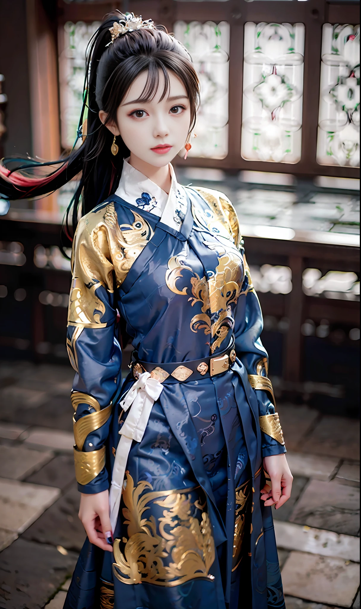 feiyu_clothes, blue fabric, gold embroidery, black bracer with golden embroidery, high ponytail, depth of field, night cityscape, (6+girls:1.5), ulzzang-6500v1.1, (original: 1.2), (realistic: 1.3) , beautiful girl with beautiful details, extremely detailed eyes and face, eyes with beautiful details, absurd, incredibly absurd, huge file size, ultra detail, high resolution, ultra detailed, best quality, masterpiece, illustration, ultra detailed and beautiful, ultra detailed, CG, unity, 8k wallpaper, amazing, fine Detail, masterpiece, top quality, official art, extremely detailed CG unity 8k wallpaper, cinematic lighting, (perfect shiny skin:0.6), slim and smooth lines, (floating), (small breasts:1), earrings , masterpiece, best quality,