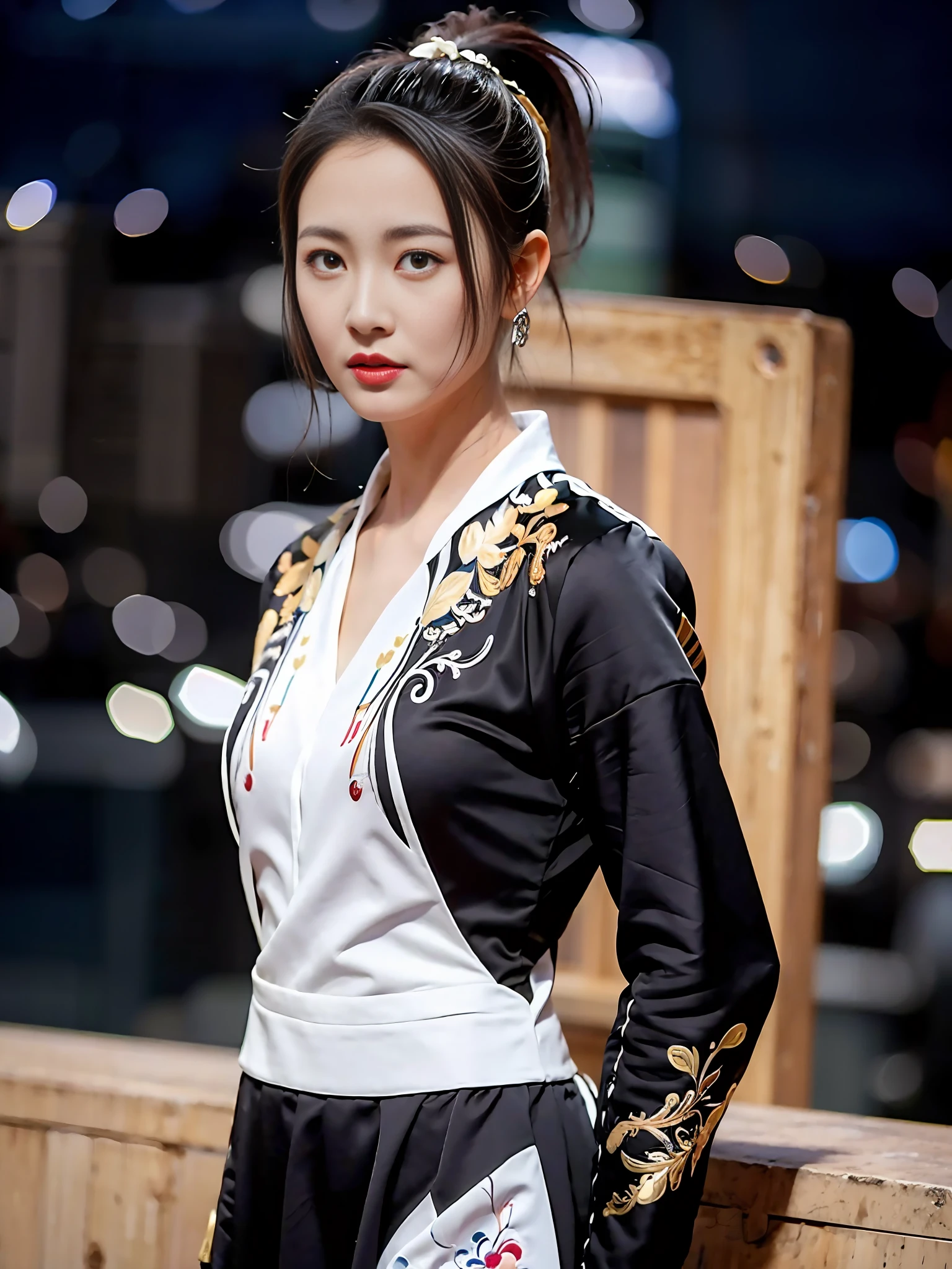 feiyu_clothes, white fabric, gold embroidery,  black bracer with golden embroidery,  white collar, high ponytail,  headband, depth of field, night cityscape, (1girl:1.6),   ulzzang-6500v1.1, (original: 1.2), (realistic: 1.3) , beautiful girl with beautiful details, extremely detailed eyes and face, eyes with beautiful details, absurd, incredibly absurd, huge file size, ultra detail, high resolution, ultra detailed, best quality, masterpiece, illustration, ultra detailed and beautiful, ultra detailed, CG, unity, 8k wallpaper, amazing, fine Detail, masterpiece, top quality, official art, extremely detailed CG unity 8k wallpaper, cinematic lighting, (perfect shiny skin:0.6), slim and smooth lines, (floating), (small breasts:1),  earrings ,