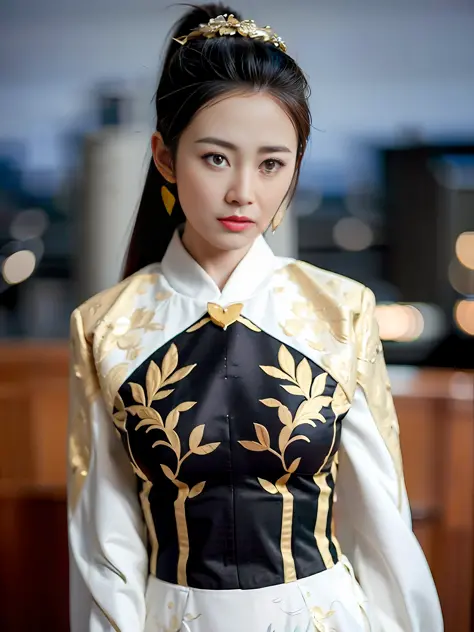feiyu_clothes, white fabric, gold embroidery,  black bracer with golden embroidery,  white collar, high ponytail,  headband, dep...