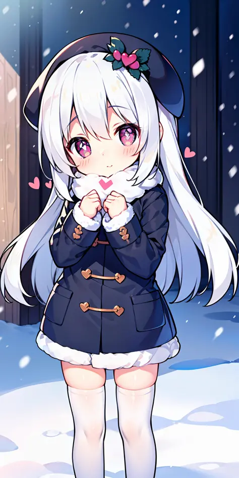 Loli, long hair, cute, heart-shaped pupils, solo, white hair, blush, winter, snow, outdoors, white stockings, standing