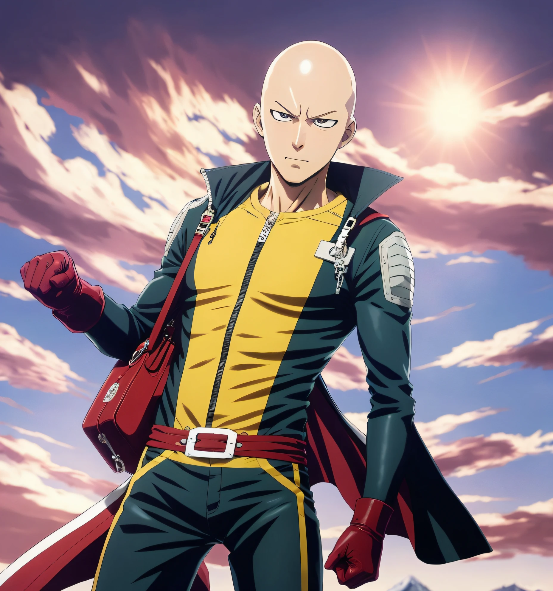 anime character with a red bag in front of a mountain, one punch man, one punch man manga, chef saitama one punch man, saitama, handsome saitama, anime key visual like saitama, portrait of saitama, official art, anime masterpiece, fan art, bald head and menacing look, hq artwork, handsome saitama. intricate