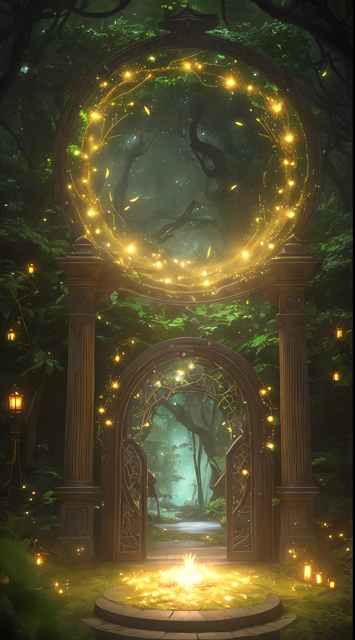 (Digital Artwork:1.3) of (Sketched:1.1) octane render of a mysterious dense forest with a large (magical:1.2) gate (portal:1.3) to the eternal kingdom, The gate frame is designed in a round shape, surrounded by delicate leaves and branches, with fireflies and glowing particle effects, (UI interface frame design), (natural elements), (jungle theme), (square), (leaves) , (twigs), (fireflies), butterflies, (delicate leaves), (glow), (particle effects, light engrave in intricate details, (light particle:1.2), (game concept:1.3), (depth of field:1.3), global illumination,Highly Detailed,Trending on ArtStation.