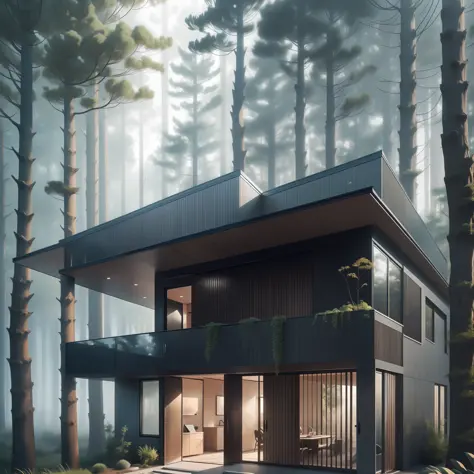 high-detail,Realistic lighting,4k small house in the middle of pine forest,Covered in fog,Light sunlight,Modern style house,(master-piece),Big Mountain