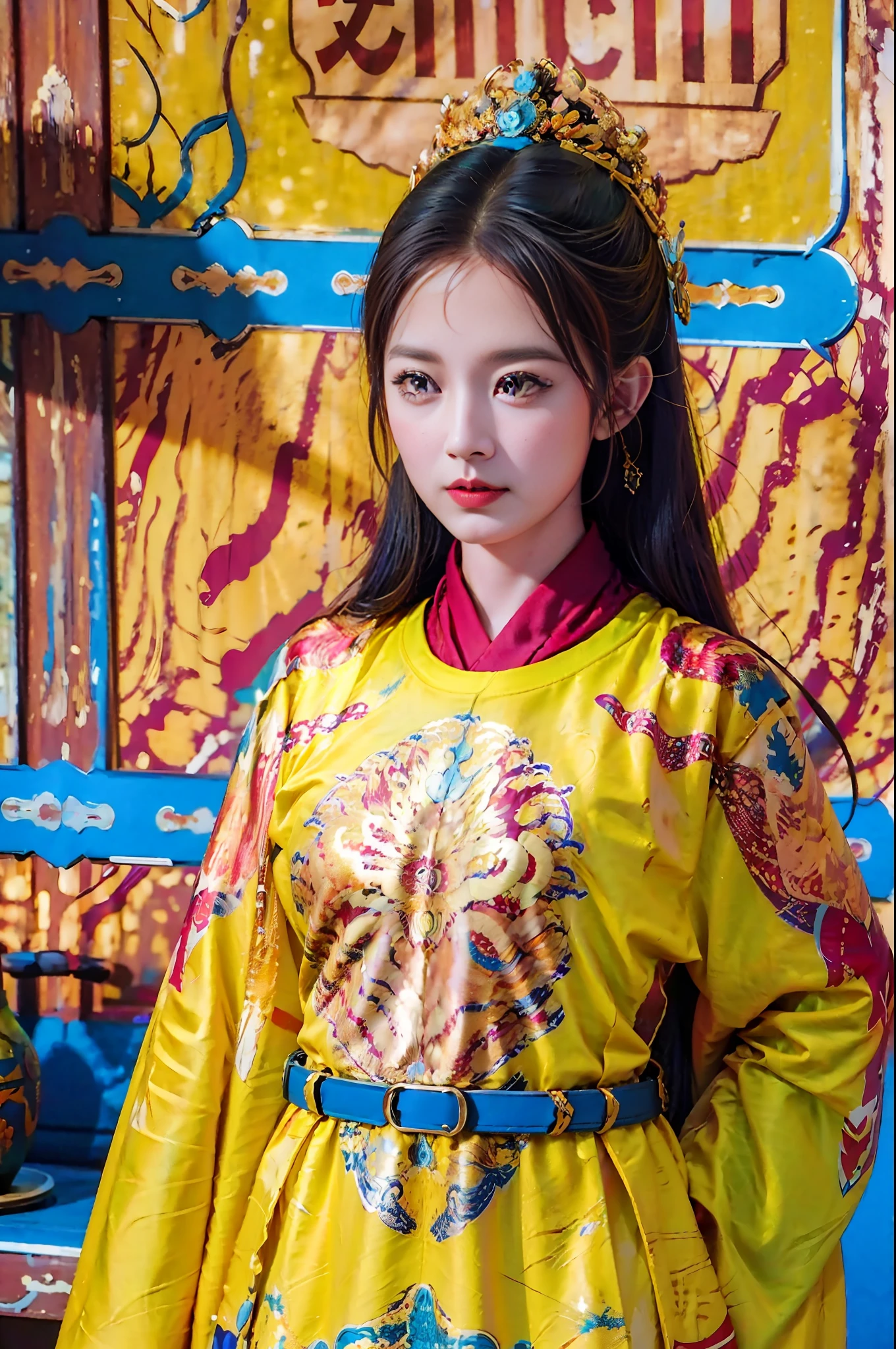 1girl huge large breasts, Long hair, yellow dragon_kaftan, indoor, 巨作, Best quality, Photorealistic, ancient eastern palace,  inside Forbidden City,