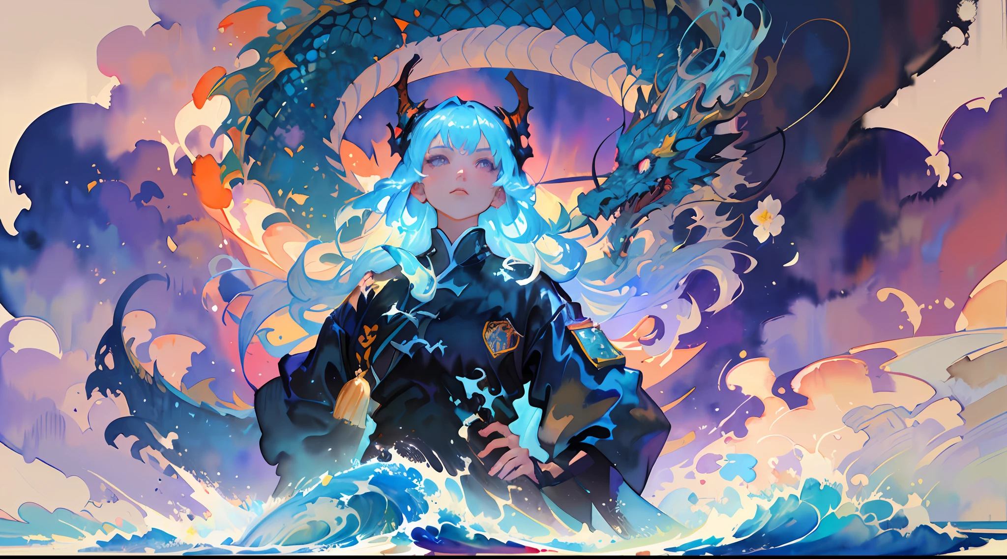 (masterpiece, top quality, best quality,1girl, long hair, (glowing:1.15), (team:1.1), (flowers:1.15), (monarch:1.05),Long coat,surrounded by huge Chinese dragons,dragon open mouse,1girl,solo,light_blue_hair,liquid hair, long hair,floating hair, standing,sundress, liquid clothes, water,waves, tsunami,tide,sea,water dress,fantasy, high contrast,explosions, over exposure, purple and red tone impression , abstract, ((watercolor painting by John Berkey and Jeremy Mann )) brush strokes, negative space,,