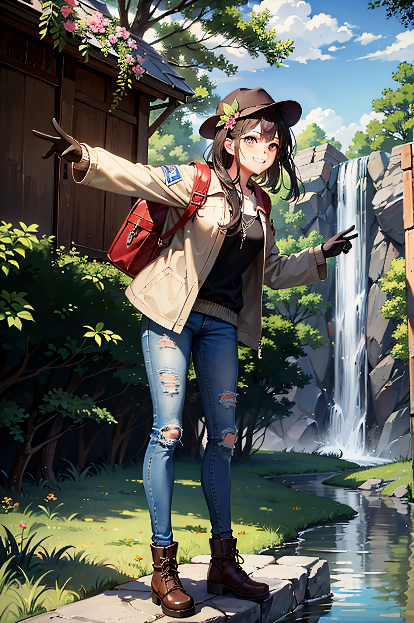 [((masterpiece, best quality:1.4)), (((extremely detailed))), sharp image:1.4, (high quality, highres:1.4)], 1girl, jacket, jeans, boots, gloves, hat, grin, dynamic pose, hair ornament, solo, waterfall:1.4, river:1.4, water, plant, flower, road:1.1, looking at viewer, butterfly, tree, forest, travel:1.4, traveler, ornament, backpack, backpacker