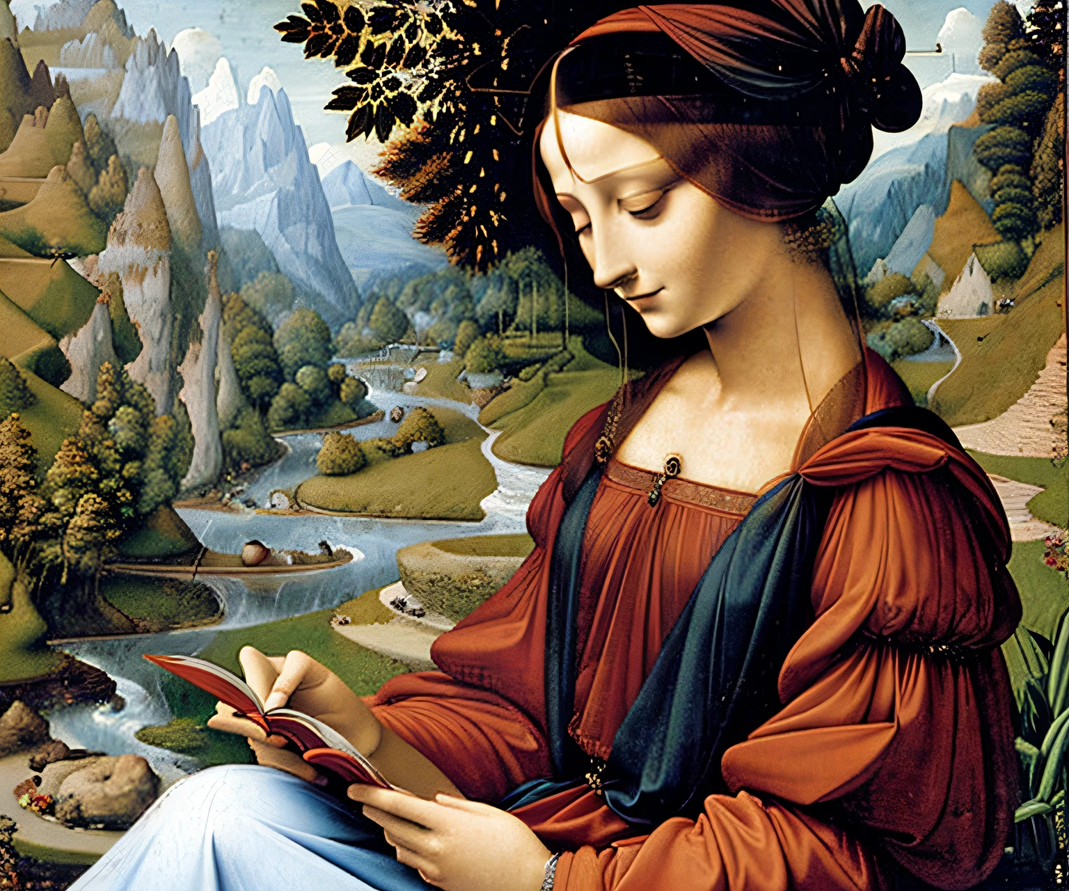 Femme lisant un livre au bord de la rivière, Peinture à l’huile par Wjqleonardo, Beau paysage