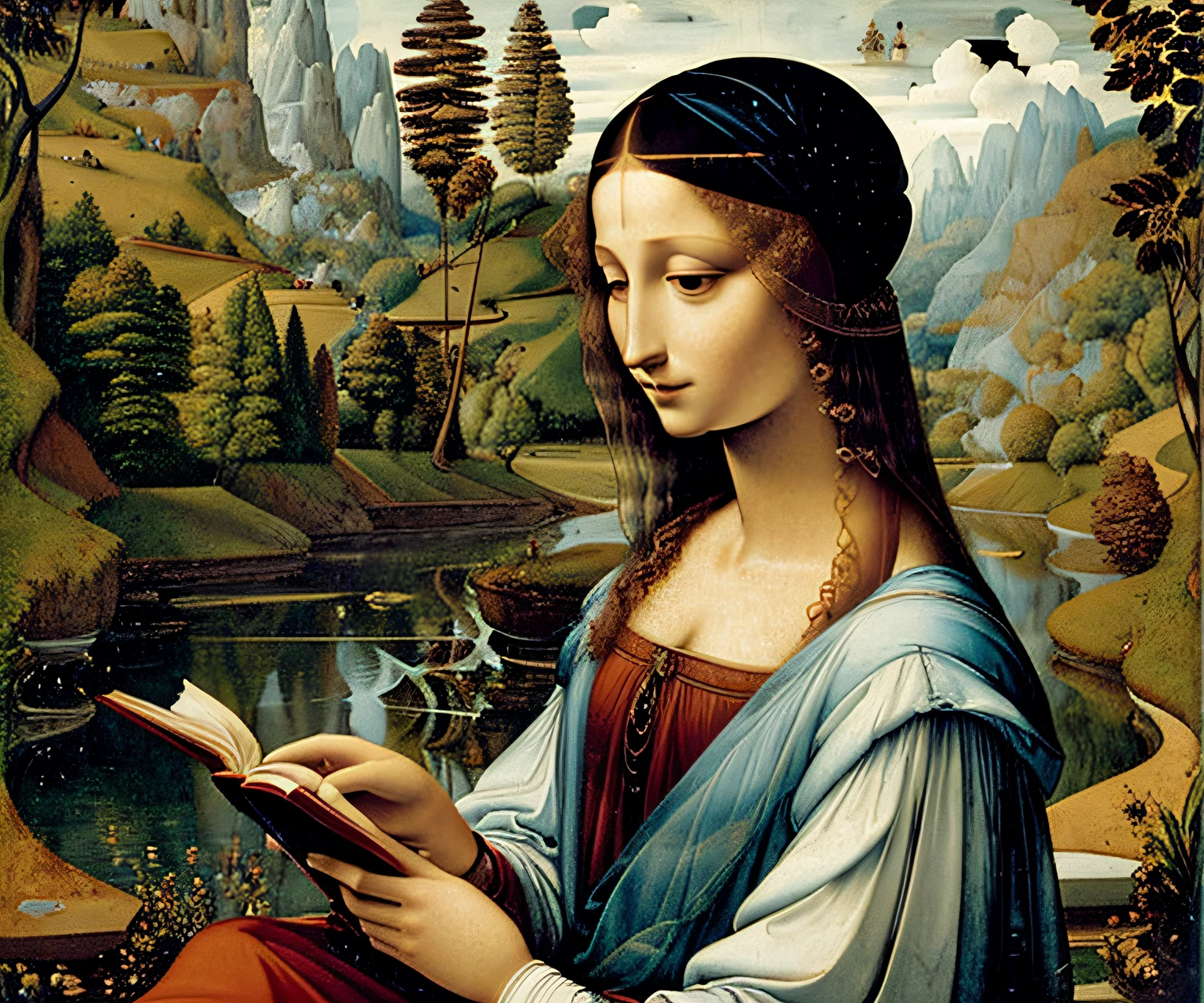Mulher lendo um livro à beira do rio, pintura a óleo por wjqleonardo, forma de livro natural, um livro,
