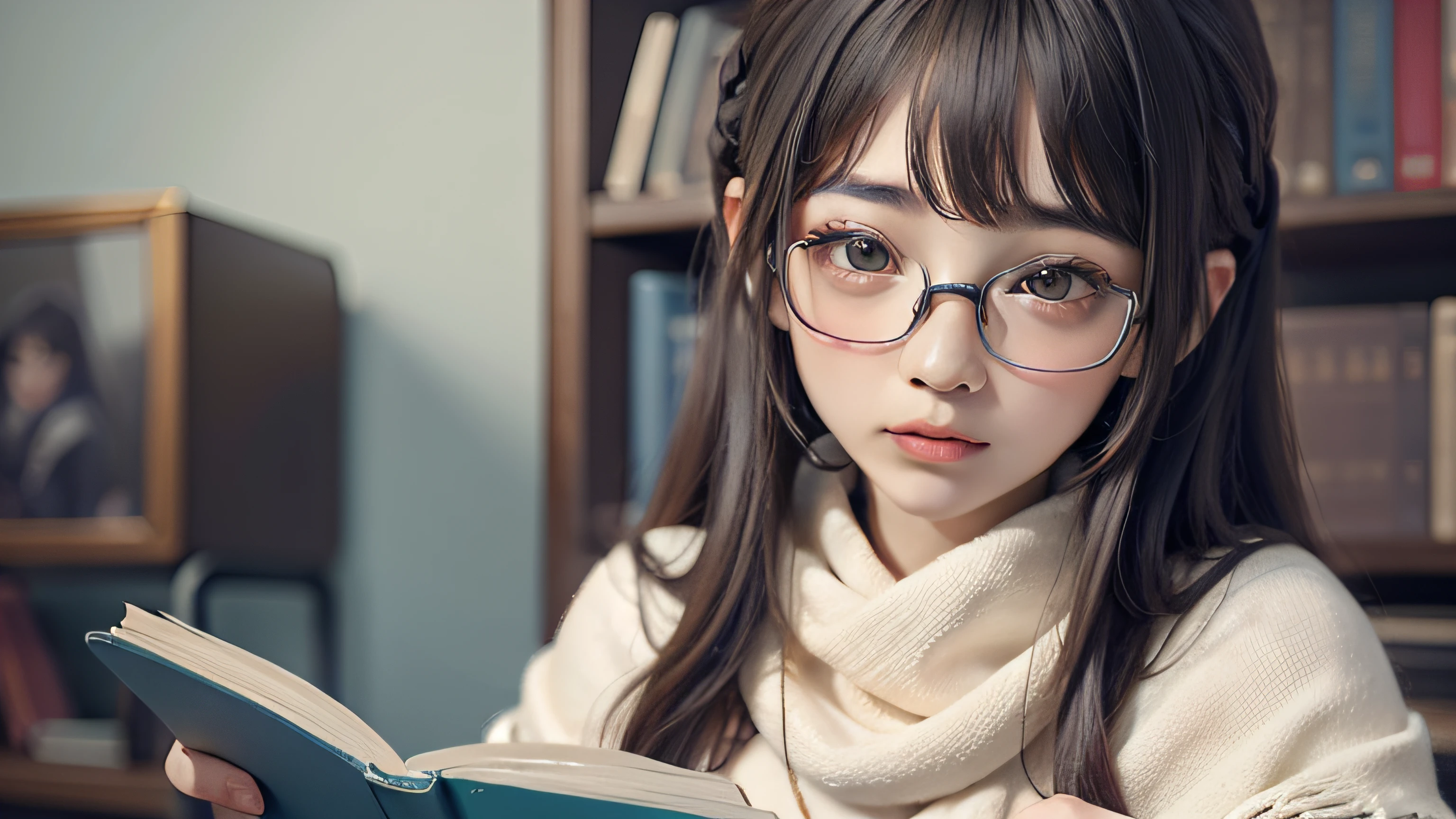 คุณภาพดีที่สุด，สาววัยรุ่น，อ่านหนังสือ，อ่านอย่างละเอียด，พื้นหลังสีขาว，มองลงไปที่หนังสือ，บาง，ตาโต，ผ้าคลุมไหล่ผมสวยแบบจีน。