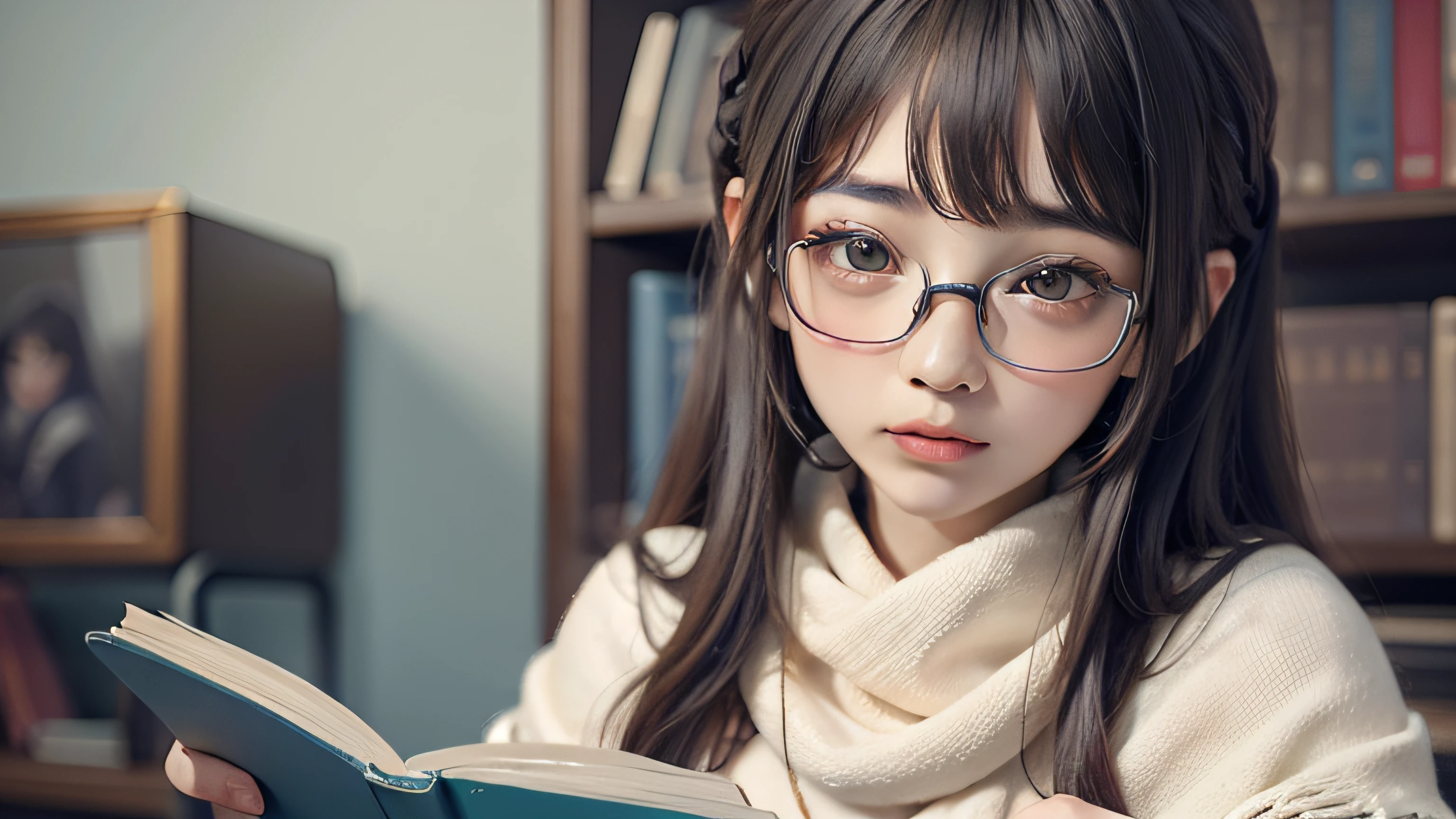 beste-Qualit，Teen girls，lendo livros，Read carefully，white backgroung，looking down at book，Slim，Big eyes，Chinese beauty shawl hair。