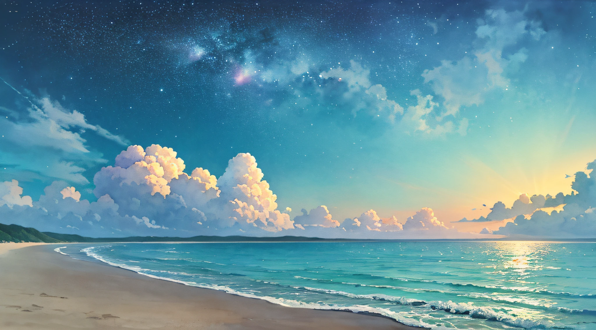 calm sea, crystal clear sea, white sand, resort, (starry sky: 1.2), ((natural lighting)), clear focus, (long shot: 1.1), watercolor, painting, (summer: 1.2), incoming clouds, horizon