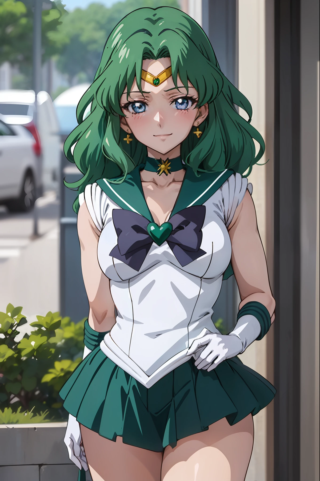 (anime:1.4), best quality, masterpiece, portrait, close-up,
1girl, sailor neptune, mature woman, aged up, small breasts, aqua eyes, dark green hair, medium hair, (sailor senshi uniform:1.2), back bow, white elbow gloves, plead skirt, looking at viewer, alley, (blush:1.2), smile,