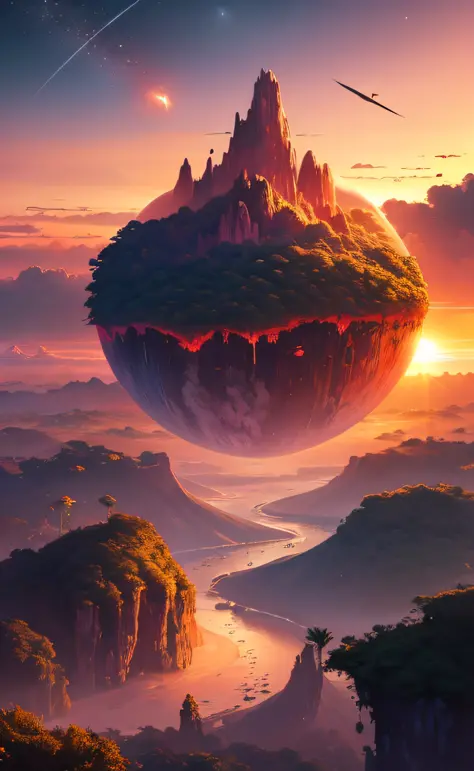 fantasy world red gradient sunset, floating islands, space view comets, jungles, birds