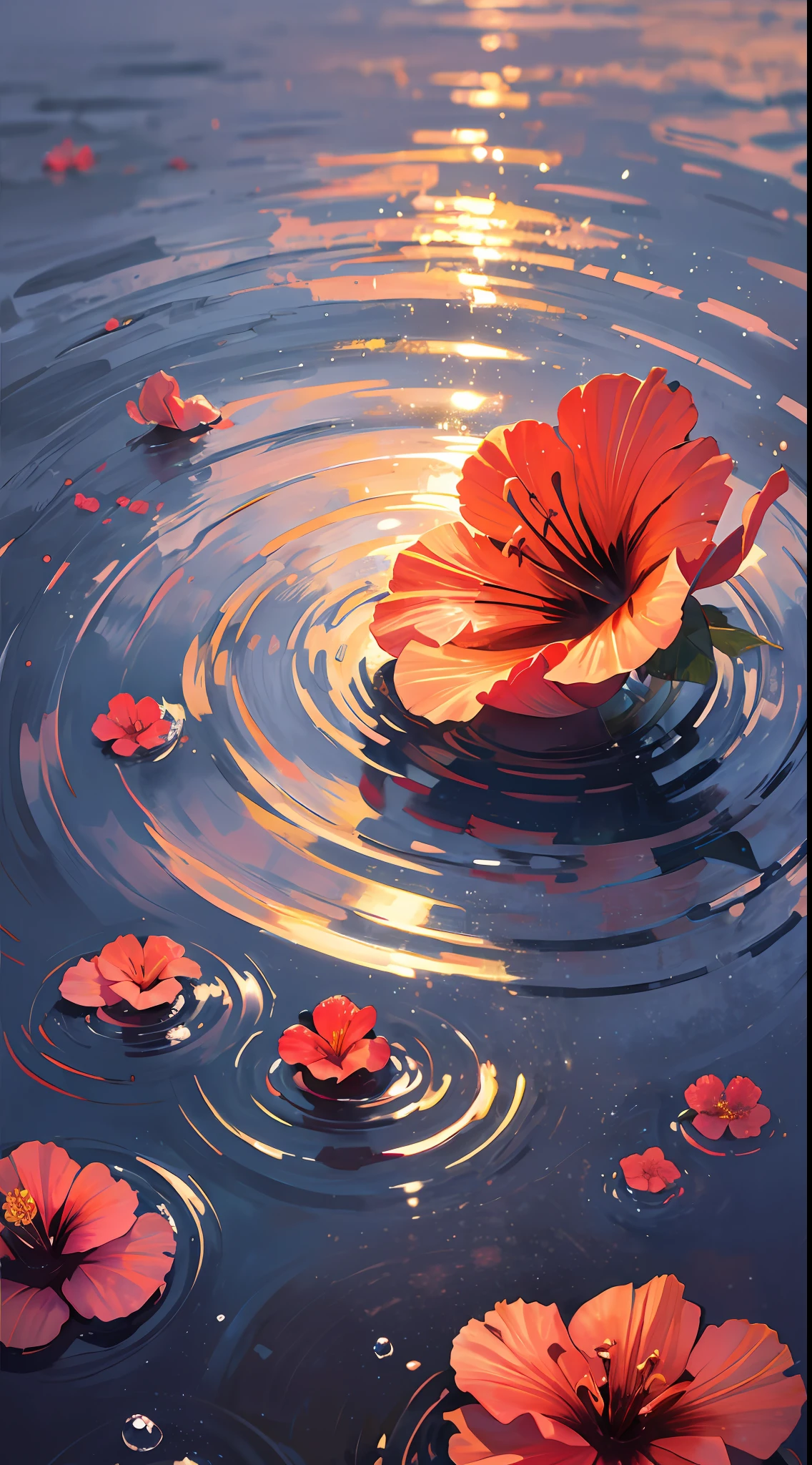 Lune d&#39;hibiscus avec des gouttes d&#39;eau,lueur au néon, fond aléatoire, lever du soleil, ambiance bokha