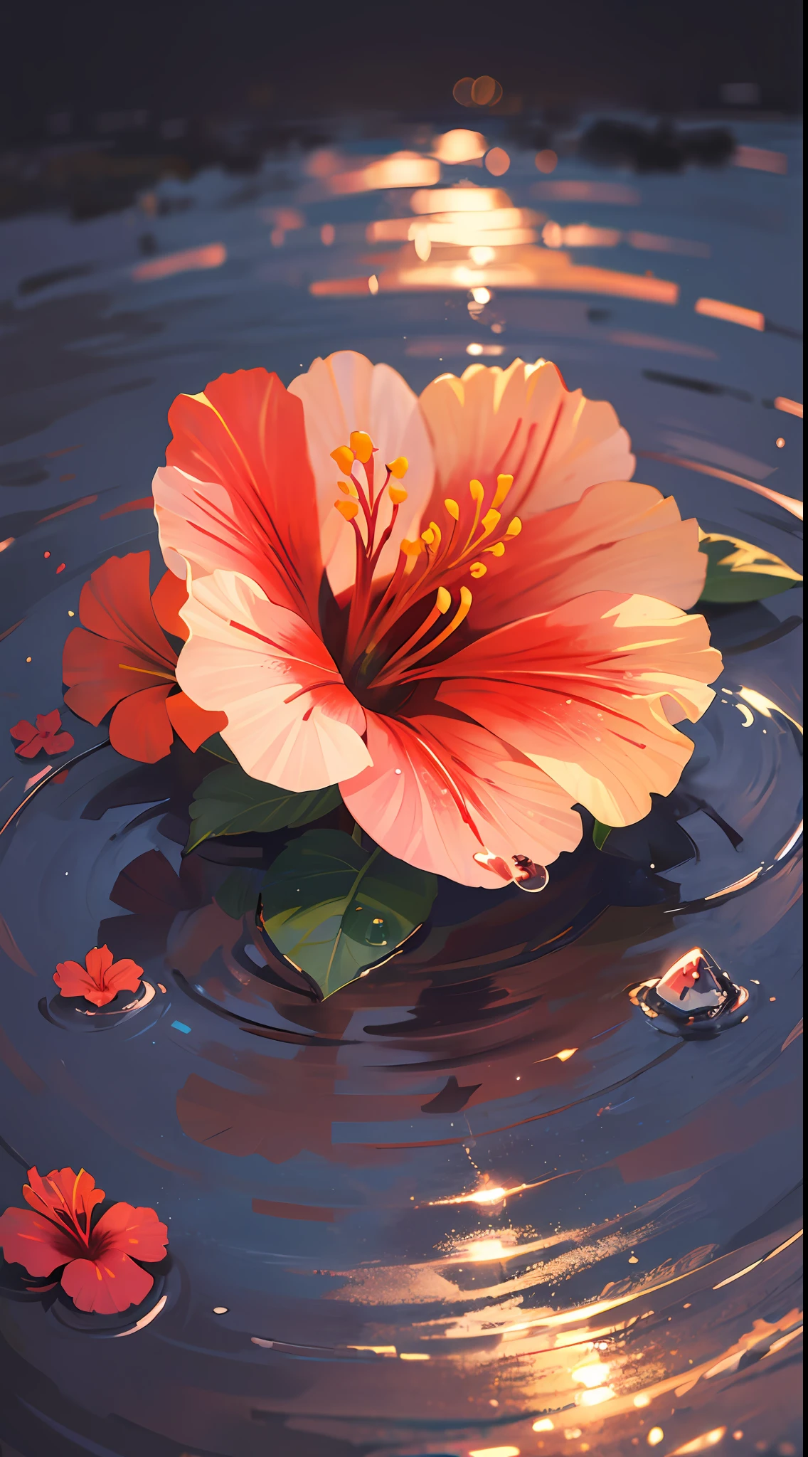 Lune d&#39;hibiscus avec des gouttes d&#39;eau,lueur au néon, fond aléatoire, lever du soleil, ambiance bokha