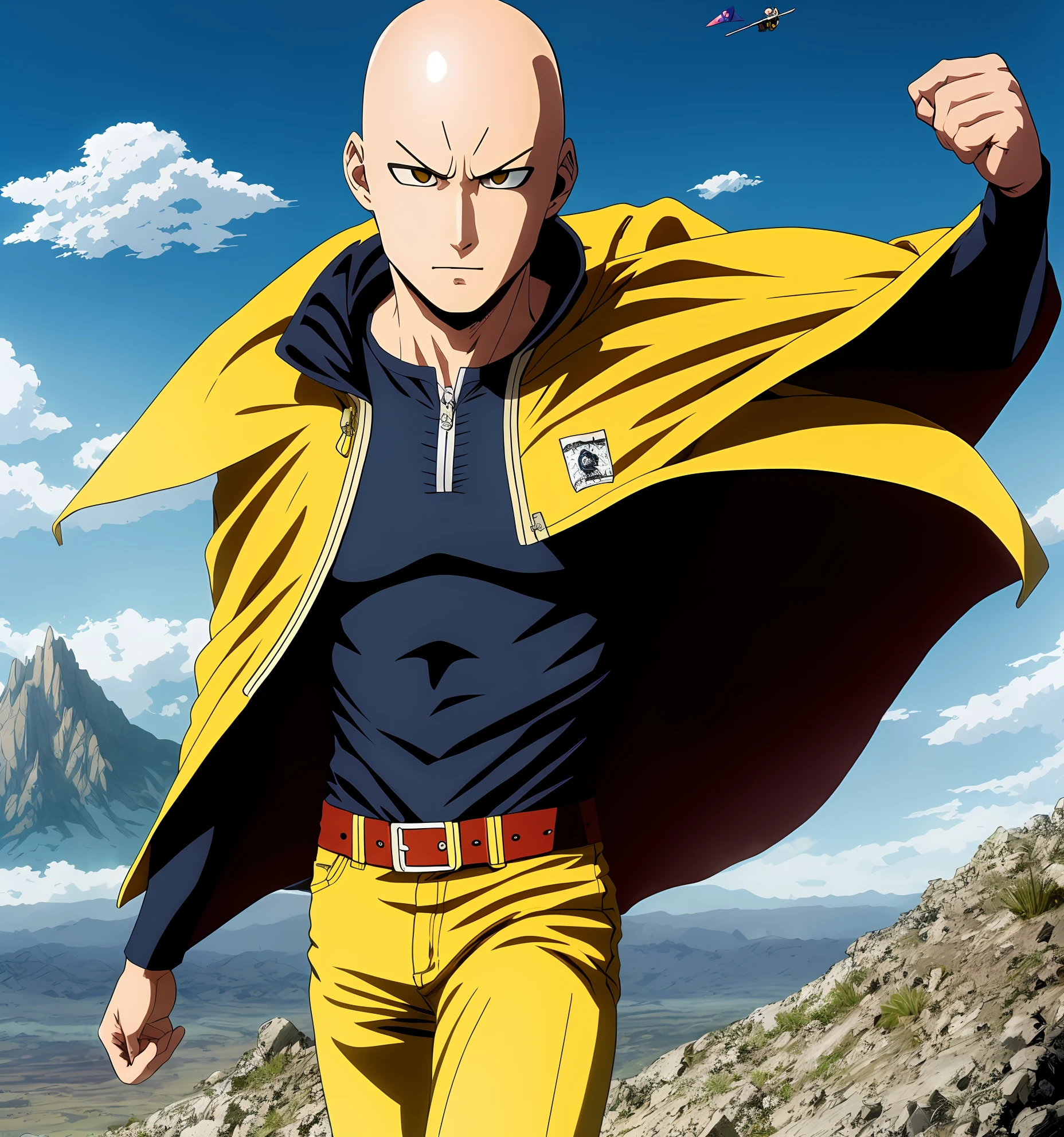 Saitama characters anime in front of the mountain, yellow costume combined with a cape flying in the wind, manga One Punch Man, Official Art, Anime Masterpiece, Bald Head and Menacing Look, HQ Artwork, complex