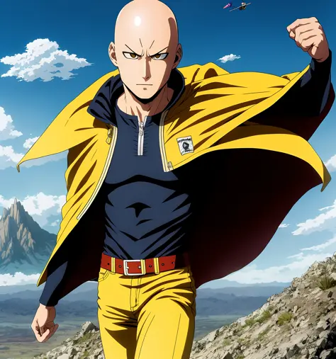 saitama characters anime in front of the mountain, yellow costume combined with a cape flying in the wind, manga one punch man, ...