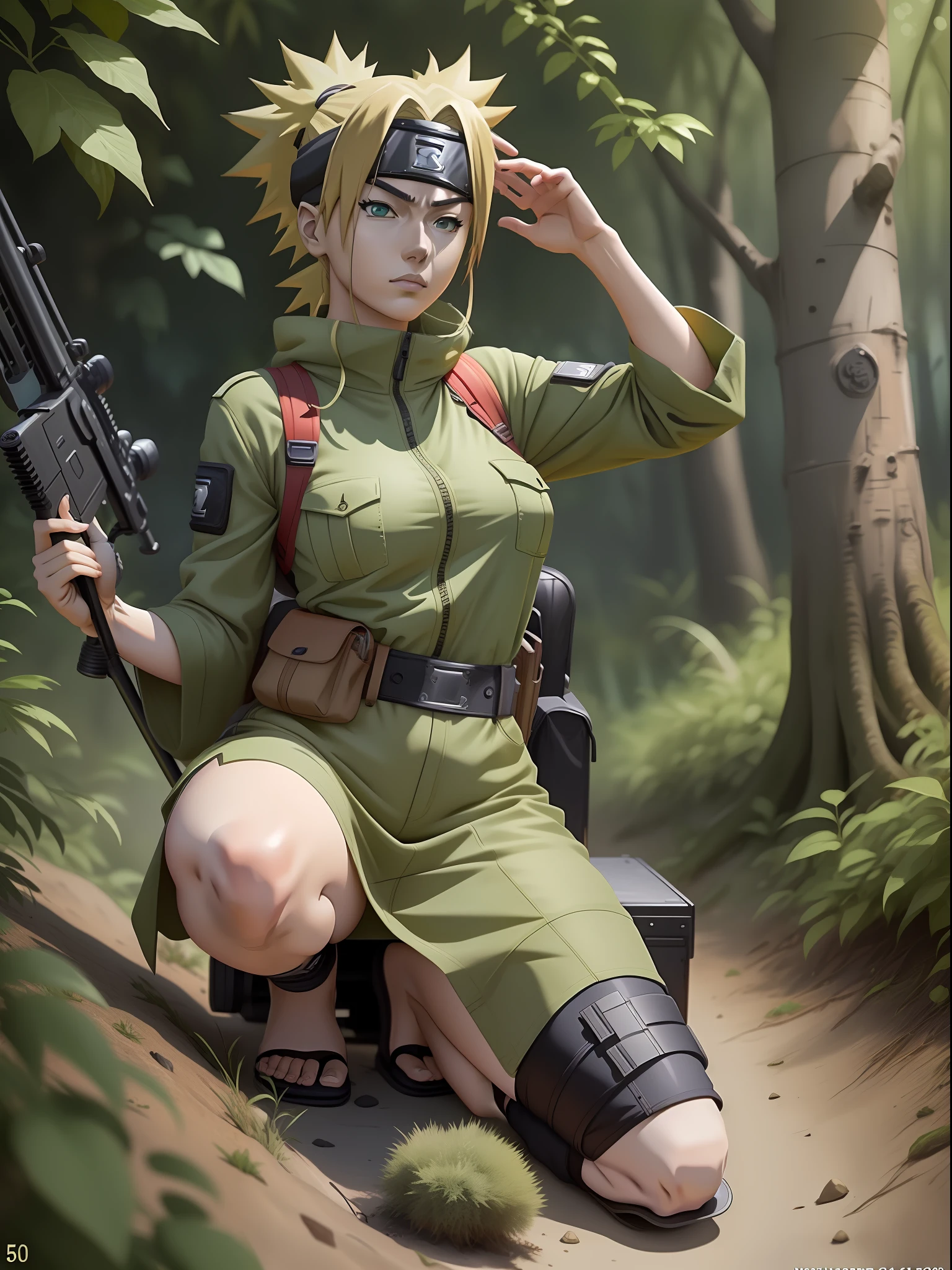 temari ({{naruto anime ) en tenue furtive] , [dans les buissons de la jungle , fusil de sniper}} ( AS-50 ) , tout le corps , attirance, Meilleure qualité , chef-d&#39;œuvre , 8k , Meilleure illustration