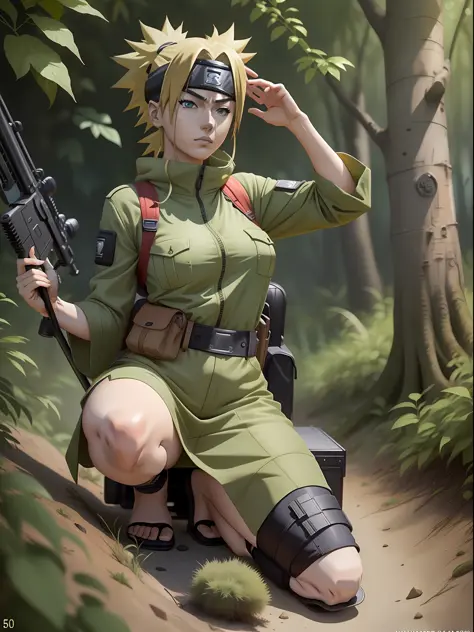 Temari (naruto anime ) in stealth unit uniform , in jungle bushes , sniper rifle ( AS-50 ) , full body , seductiv, best quality ...