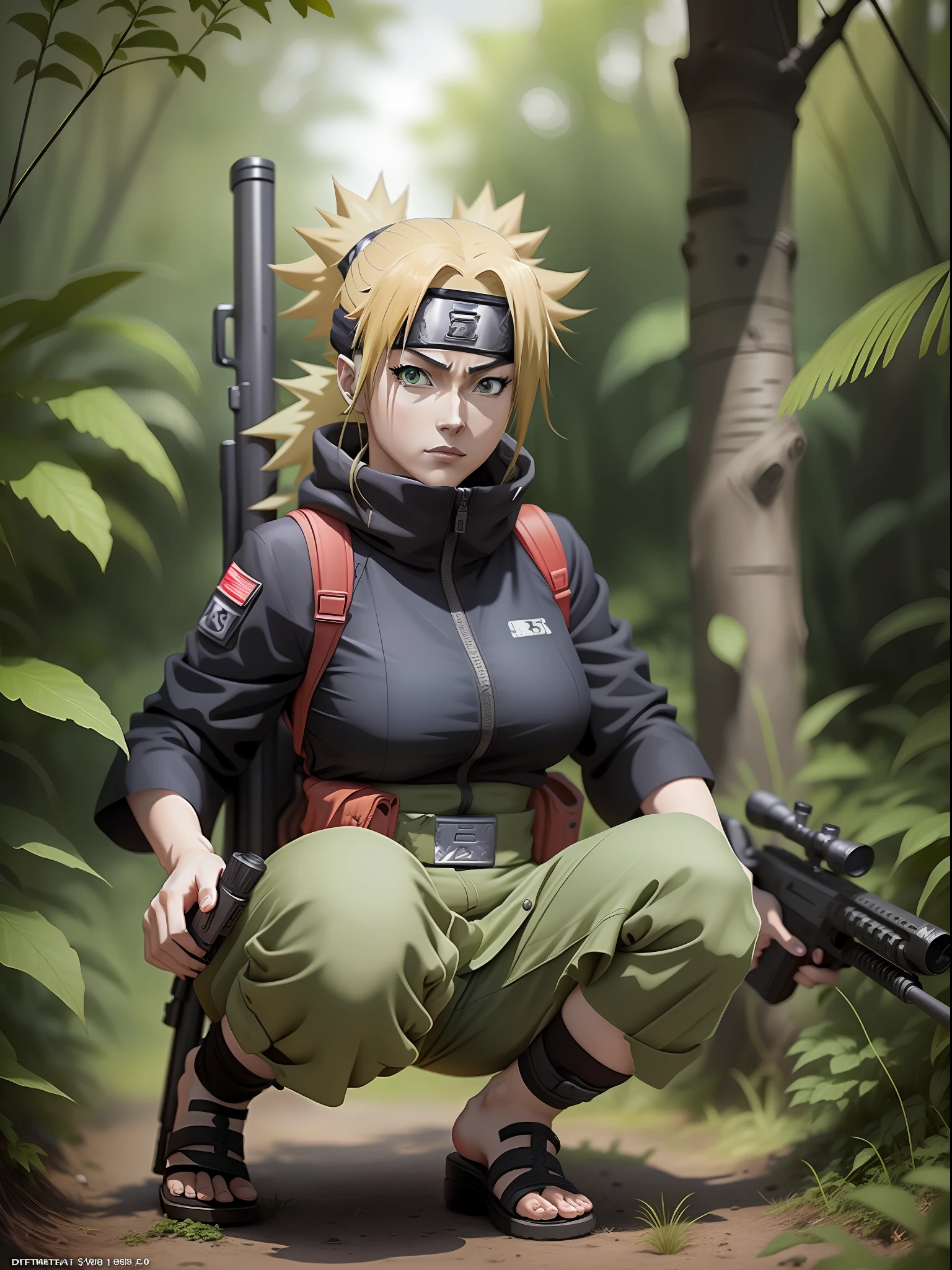 Temari (naruto anime ) in stealth unit uniform , in jungle bushes , sniper rifle ( AS-50 ) , full body , seductiv, best quality , masterpiece , 8k , best illustration