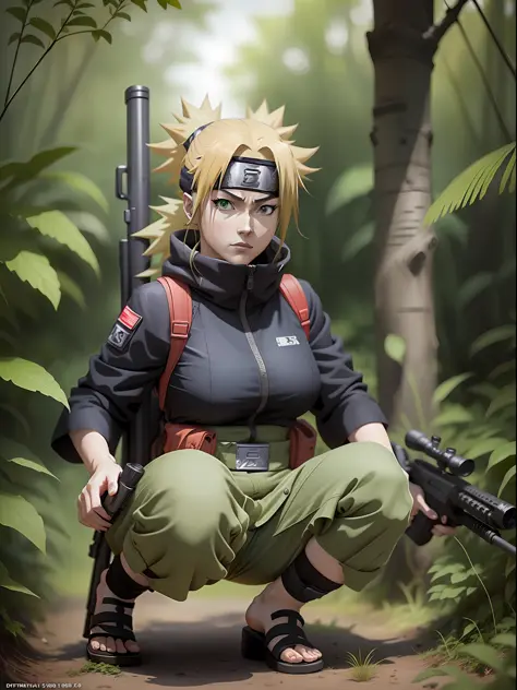 Temari (naruto anime ) in stealth unit uniform , in jungle bushes , sniper rifle ( AS-50 ) , full body , seductiv, best quality ...