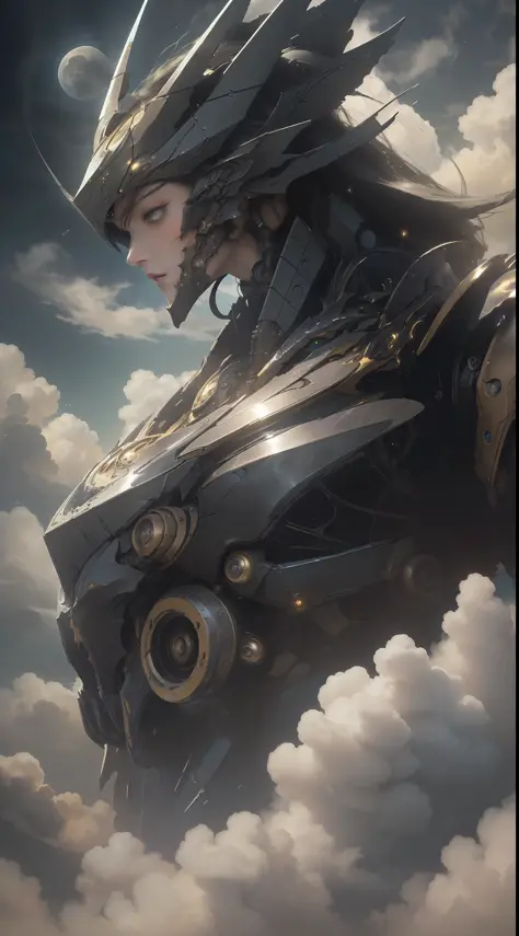 ((best quality)), ((masterpiece)), (detailed), giant mecha, horror beauty, perched on a cloud, (fantasy illustration:1.3), encha...