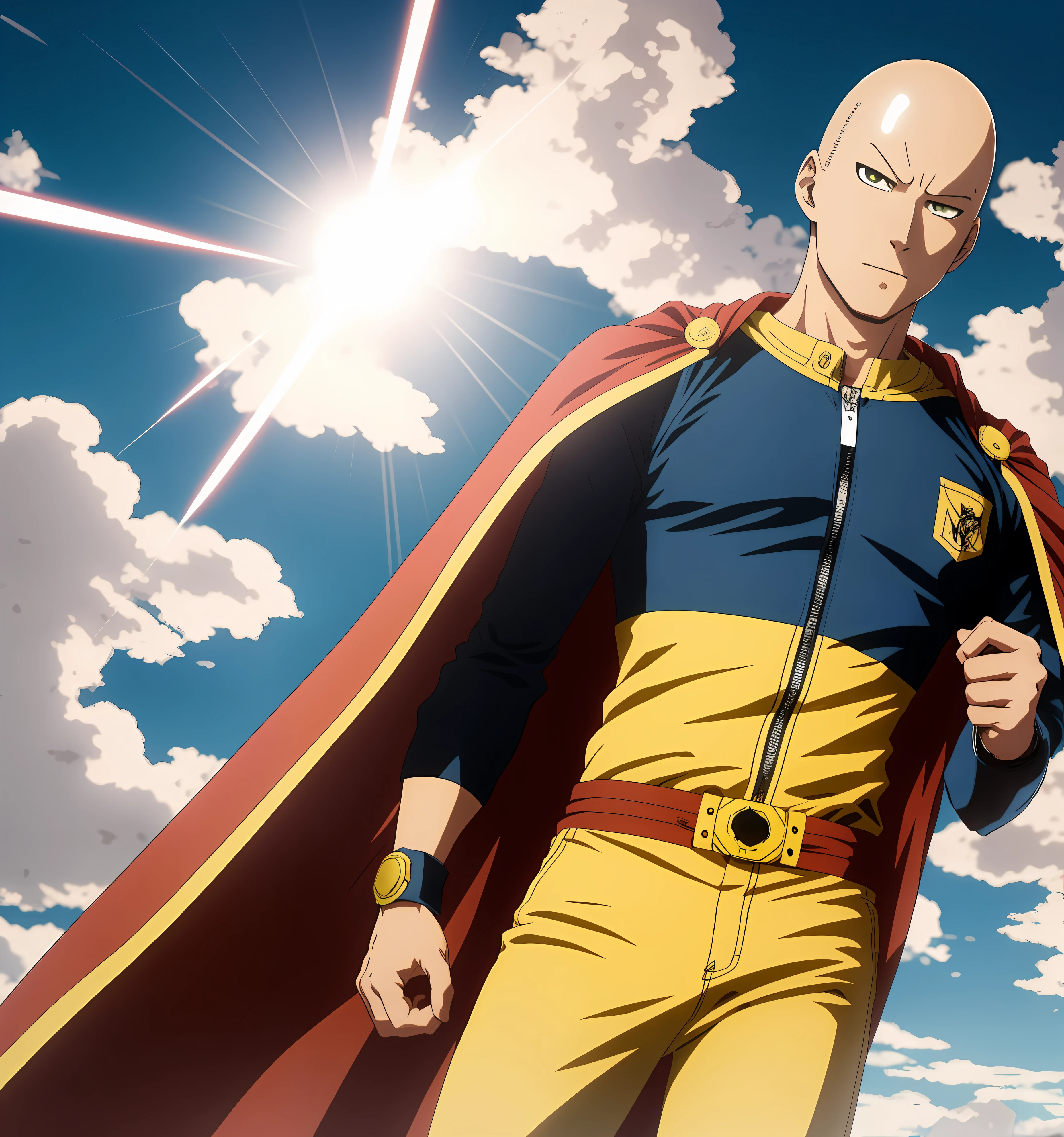 Saitama characters anime in front of the mountain, yellow costume combined with a cape flying in the wind, manga One Punch Man, Official Art, Anime Masterpiece, Bald Head and Menacing Look, HQ Artwork, complex