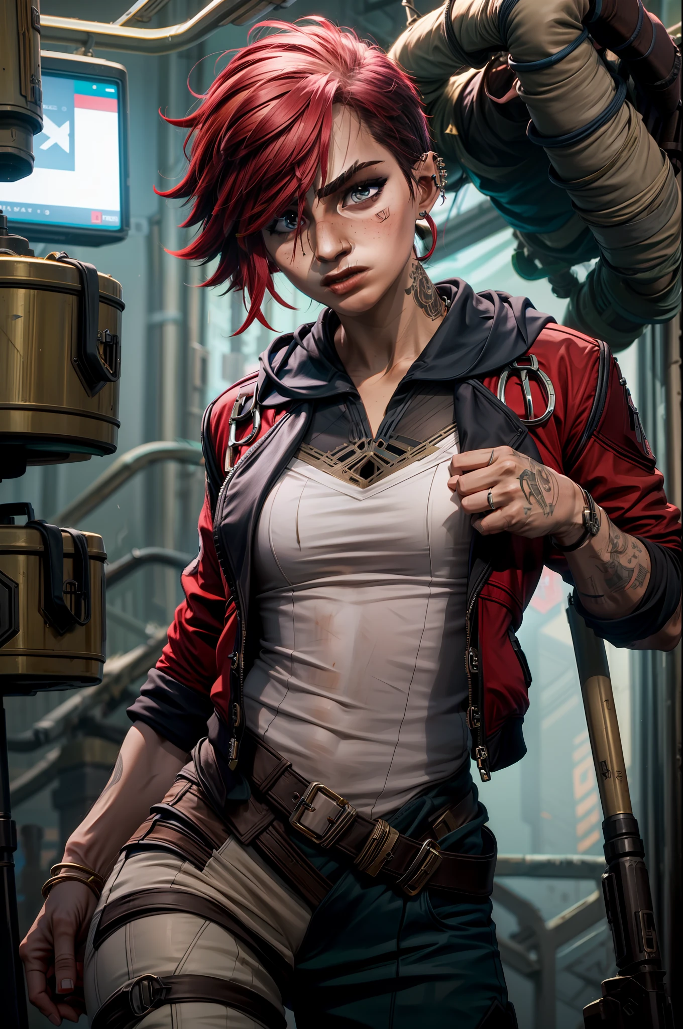 (masterpiece, best quality), intricate details, reelmech, wires, pistons, cyberpunk, v1l0l, 1girl, red jacket, nose piercing, cowboy shot, hoodie, fighting stance, blue pants,