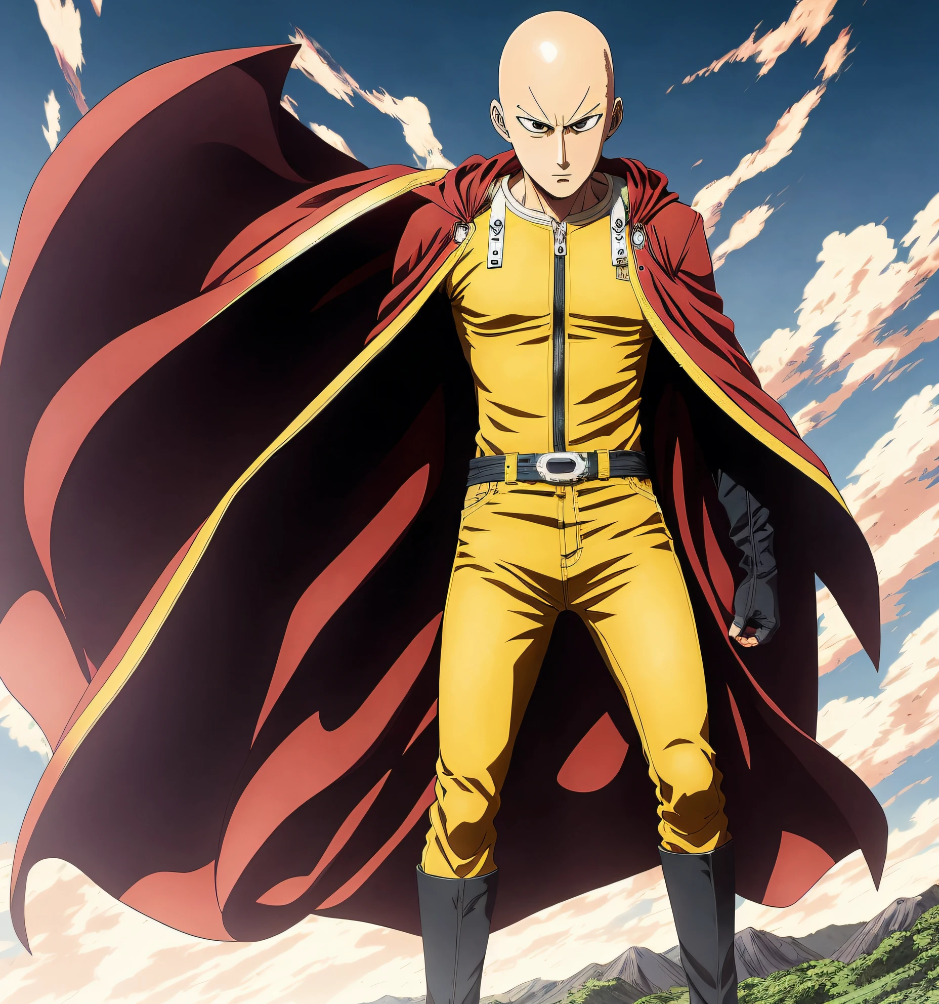 Saitama characters anime in front of the mountain, yellow full-body jumpsuits combined with a cloak behind the back flying in the wind, One Punch Man manga, Official Art, Anime Masterpiece, Bald Head and Menacing Look, HQ Artwork, complex