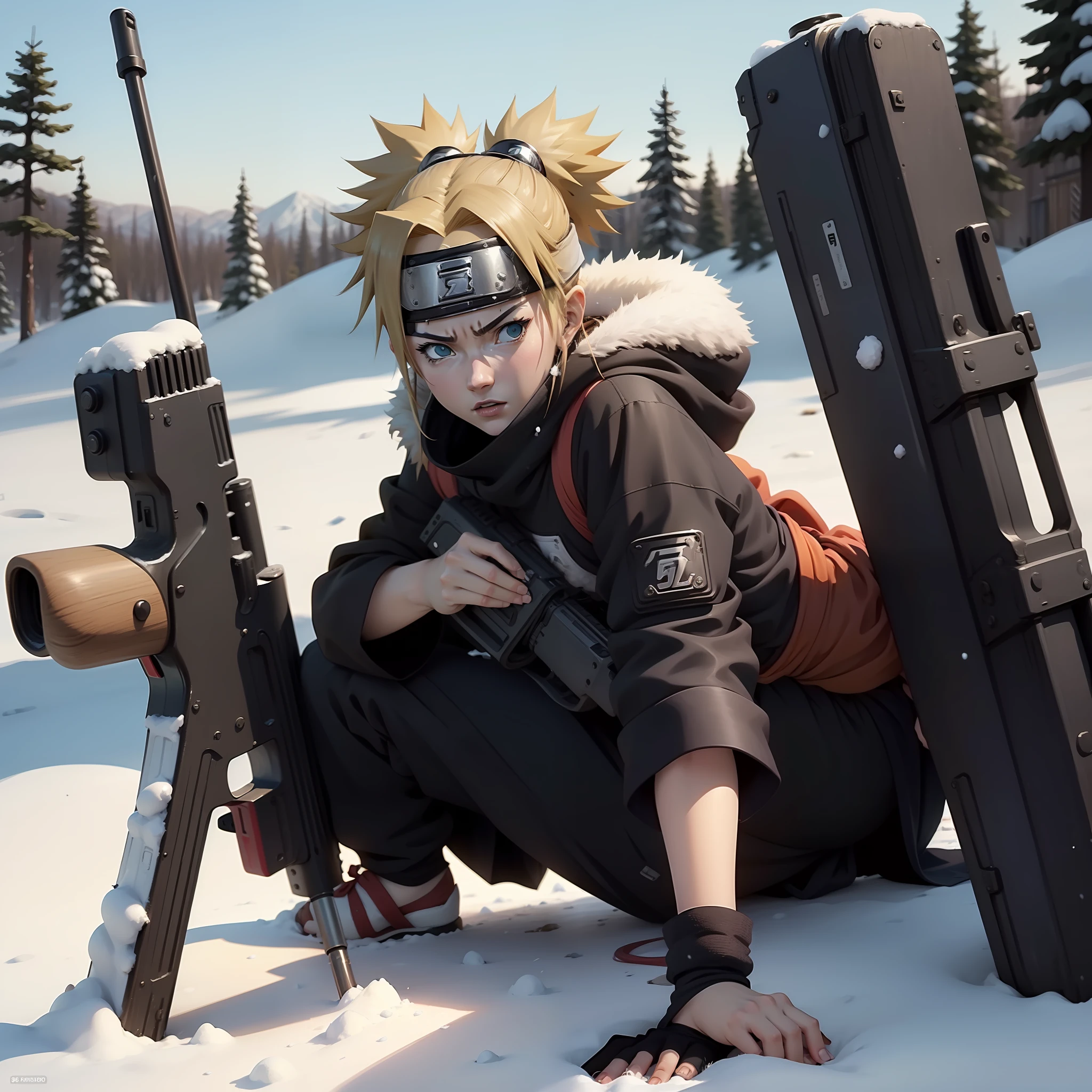 Temari(naruto anime )  , in snow , sniper rifle ( AS-50 ) , full body , seductiv, best quality , masterpiece , 8k , best illustration.