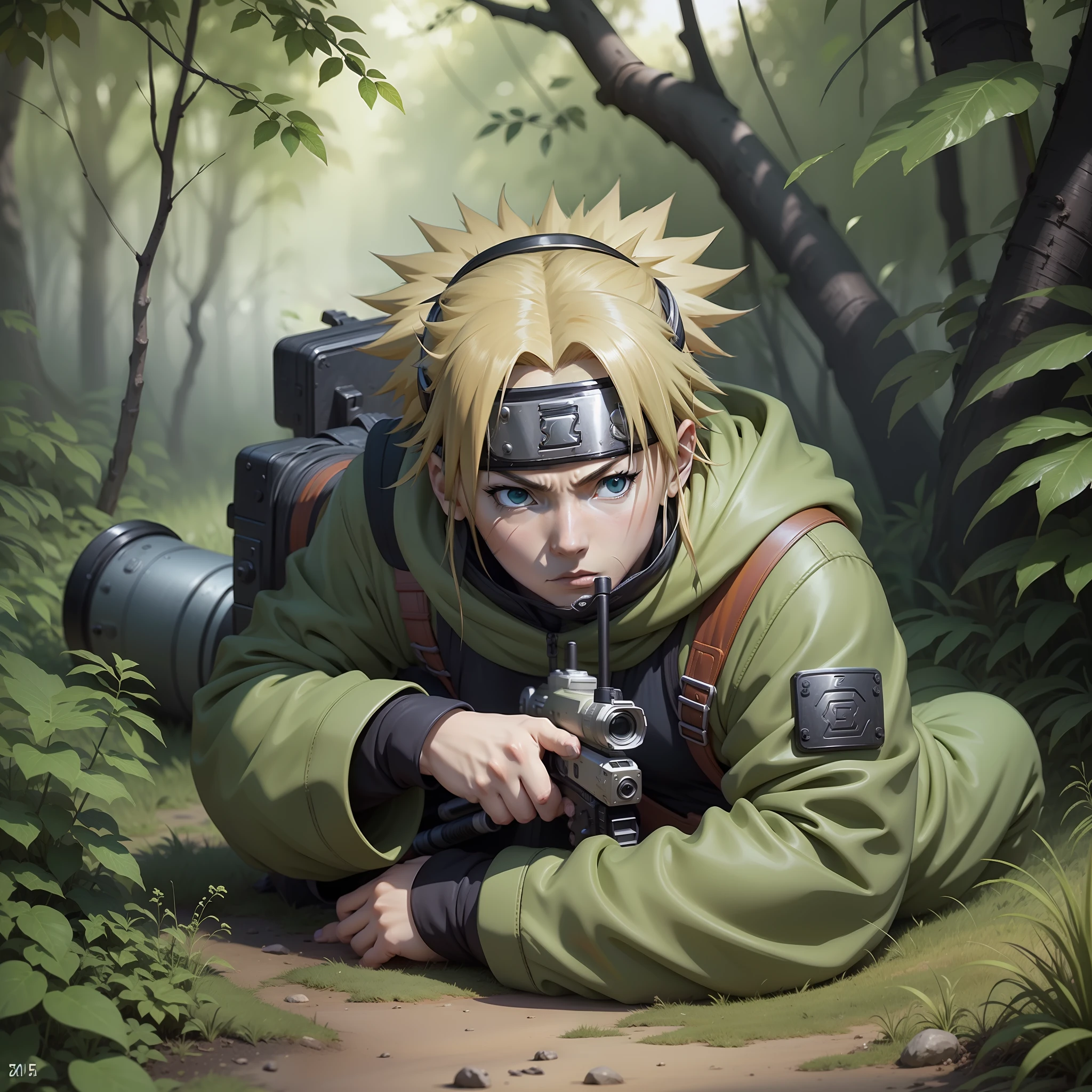 Temari (naruto anime ) en la suite Ghillie , en los arbustos de la selva , rifle de francotirador ( AS-50 ) , mejor calidad , obra maestra , 8K , los mejores ilustra .