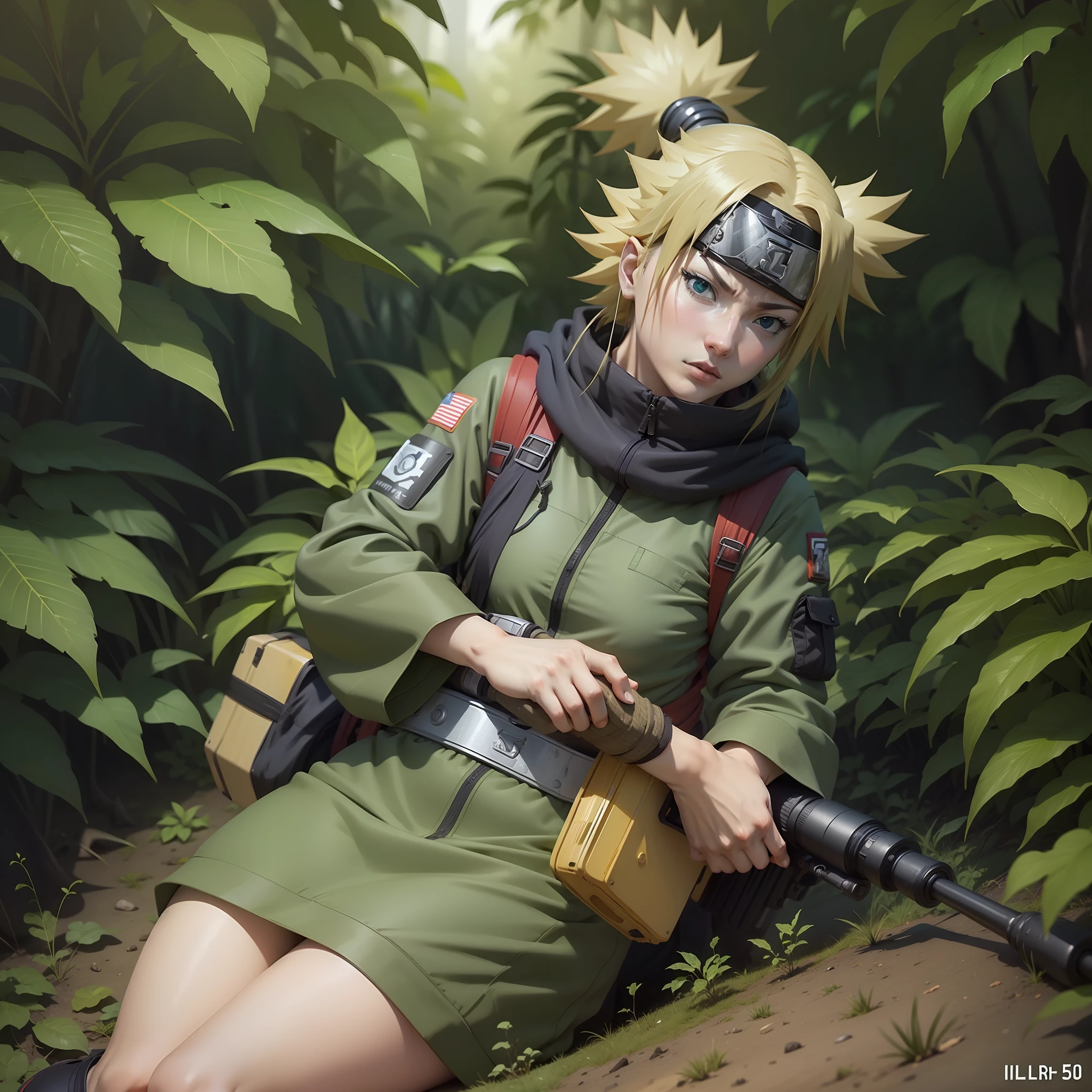 Temari (naruto anime ) en la suite Ghillie , en los arbustos de la selva , rifle de francotirador ( AS-50 ) , mejor calidad , obra maestra , 8K , los mejores ilustra .