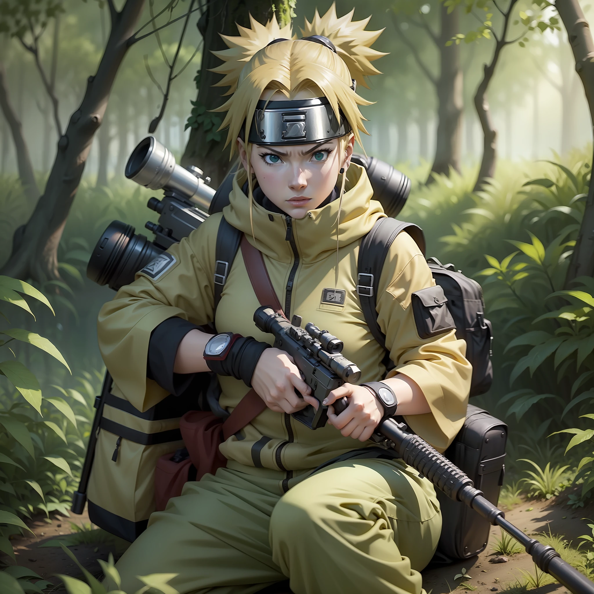 Temari (naruto anime ) in ghillie suite , in jungle bushes , sniper rifle ( AS-50 ) , best quality , masterpiece , 8k , best illustra .