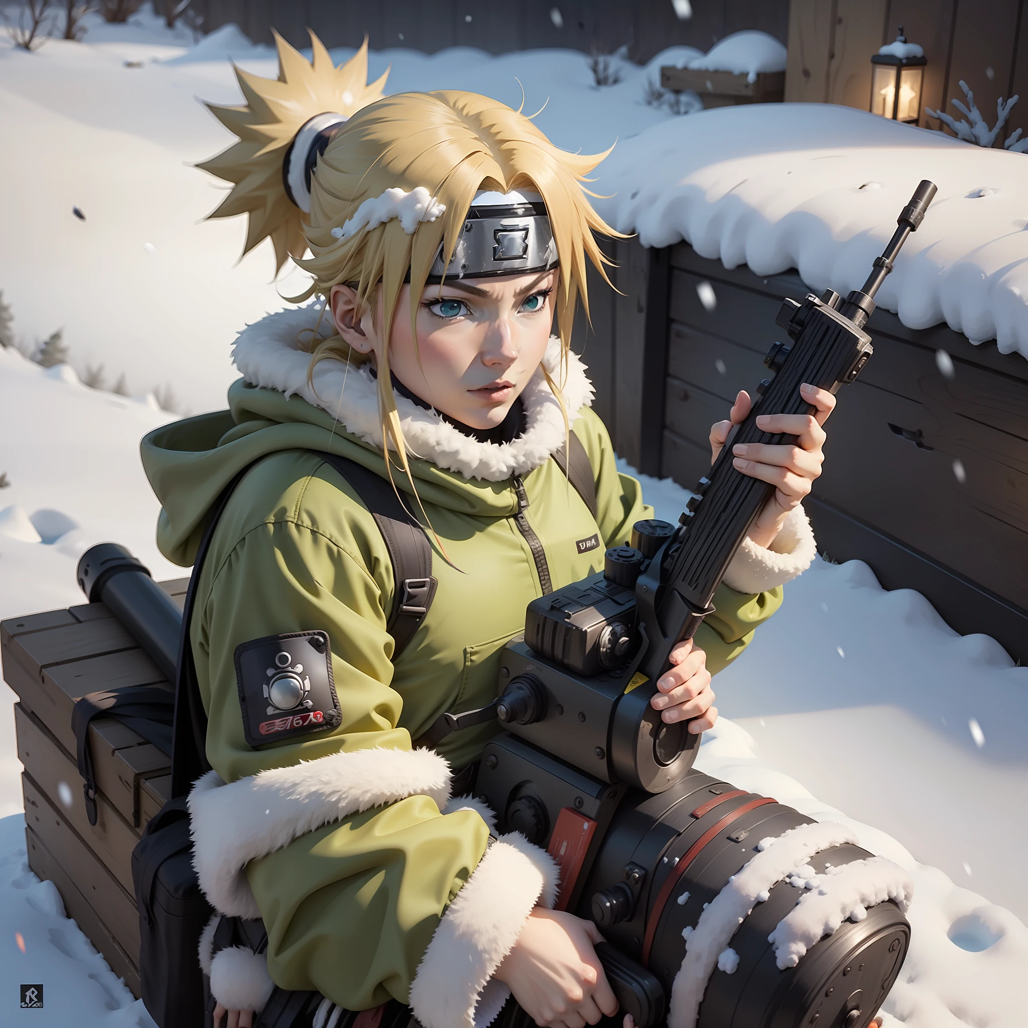 temari ({{naruto anime ) dans la neige ghillie suite , dans la neige , fusil de sniper}} ( AS-50 ) , tout le corps , Meilleure qualité , chef-d&#39;œuvre , 8k , meilleures illustrations .