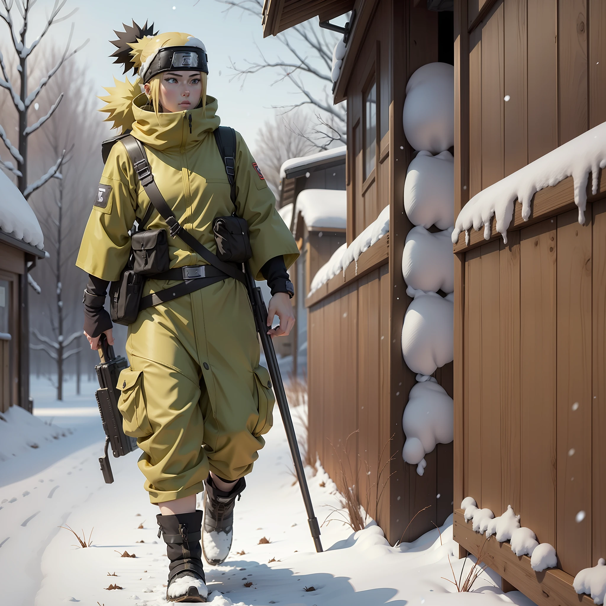 temari ({{naruto anime ) dans la neige ghillie suite , dans la neige , fusil de sniper}} ( AS-50 ) , tout le corps , Meilleure qualité , chef-d&#39;œuvre , 8k , meilleures illustrations .