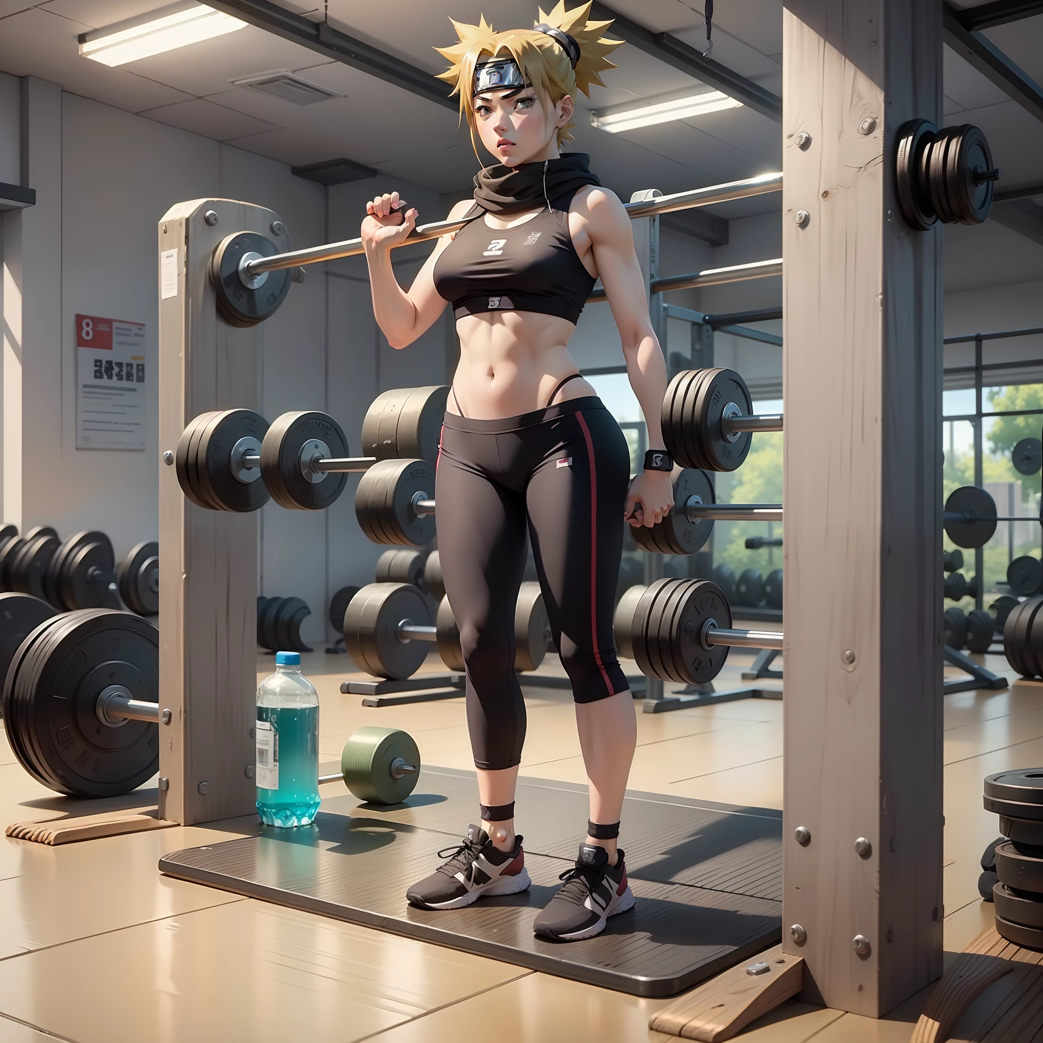 Temari (naruto anime ) en el gimnasio , ropa de gimnasia , botellas de agua , estante de pesas en el fondo , atracción, mejor calidad , obra maestra , 8K , los mejores ilustra .