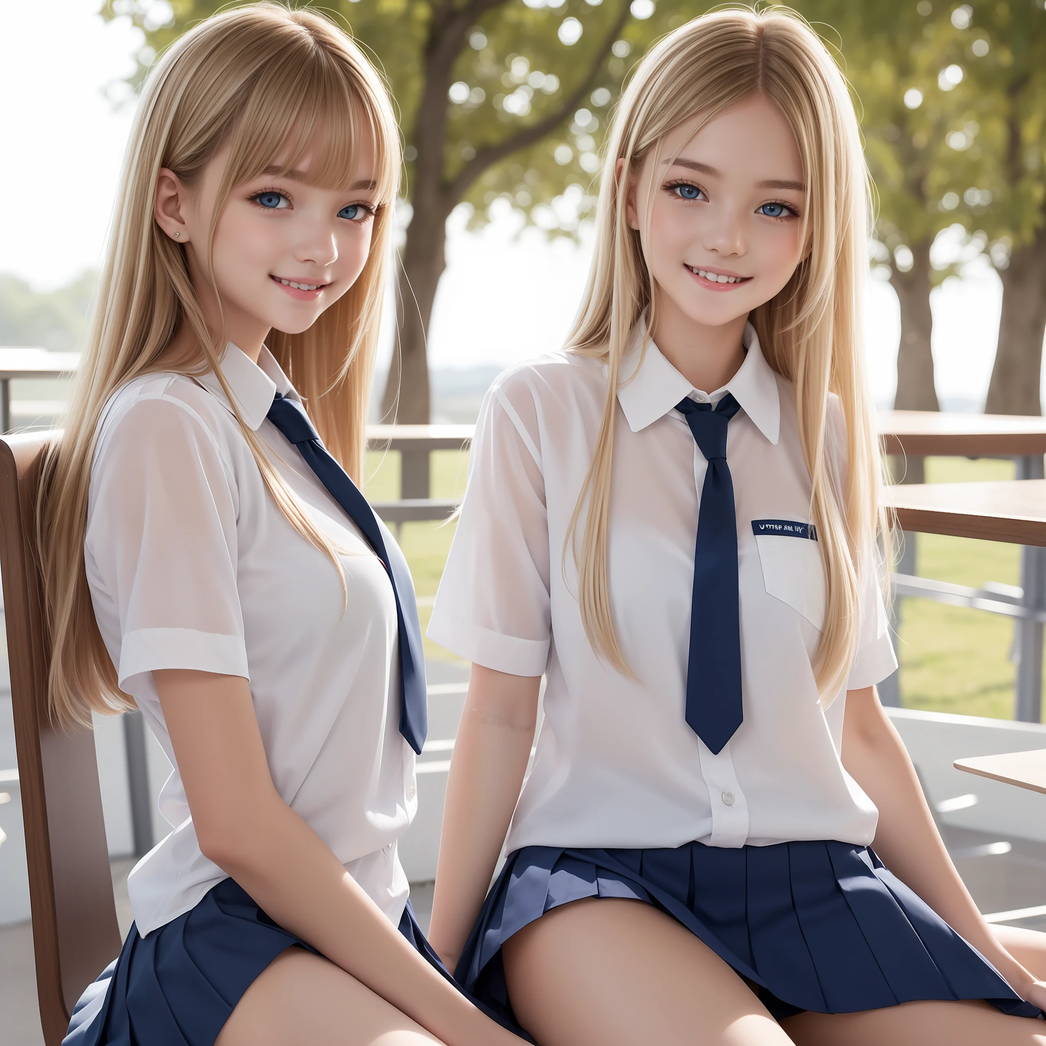 plein air、Swaying bangs、student clothe、white, shiny glossy skin、Ultimate Beauty、a little bit smile、Beautiful and sexy very beautiful and cute face、Super long platinum blonde hair、Big blue eyes with radiant transparency、Beautiful 15 year old very beautiful girl、
