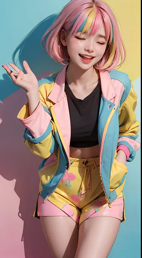 white 20yo female, (((yellow-blue-pink mix multicolor hair))), (((happy laughing, closed eyes, gestures hand))), ((perfect expression)), medium-short hairstyle, wearing pastel colorstyle cropped tshirt with stylish printed jacket and various shorts, large-...