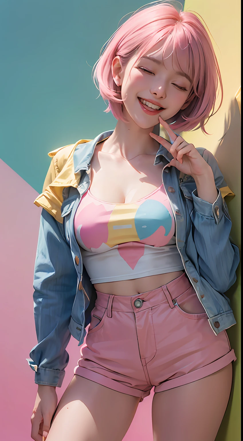 white 20yo female, (((yellow-blue-pink mix multicolor hair))), (((happy laughing, closed eyes, gestures hand))), ((perfect expression)), medium-short hairstyle, wearing pastel colorstyle cropped tshirt with stylish printed jacket and various shorts, large-breasted, take standing kawaii full body portrait, (multicolor flat wall background), realistic shadow, starring at camera, (rembrant colorful pastel theme), canon eos 5D mark iv with 75mm, ultra highres photography, 8k wallpaper, soft rim light, ((masterpiece, photorealistic, best quality, hyperdetailed:1.2)), pulling shirt, cleavage, (perfect teeth, perfect fingers, perfect hands, perfect light)