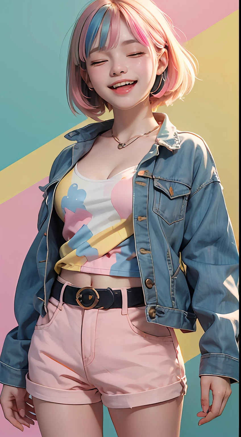 белая 20-летняя женщина, (((желто-сине-розовый микс разноцветных волос))), (((счастливый смех, закрытые глаза, жесты рукой))), ((идеальное выражение)), средне-короткая прическа, в укороченной футболке пастельных тонов, стильной куртке с принтом и различных шортах., большегрудый, Снять портрет в полный рост в стиле каваи стоя, (Многоцветный плоский фон стены), реалистичная тень, в главной роли на камеру, (запоминающаяся красочная пастельная тема), Canon EOS 5D Mark IV с 75 мм, фотография сверхвысокого разрешения, 8к обои, мягкий ободок света, ((шедевр, фотореалистичный, Лучшее качество, гипердетализированный:1.2)), Тянущая рубашка, расщепление, (идеальные зубы, идеальные пальцы, идеальные руки, Идеальный свет)