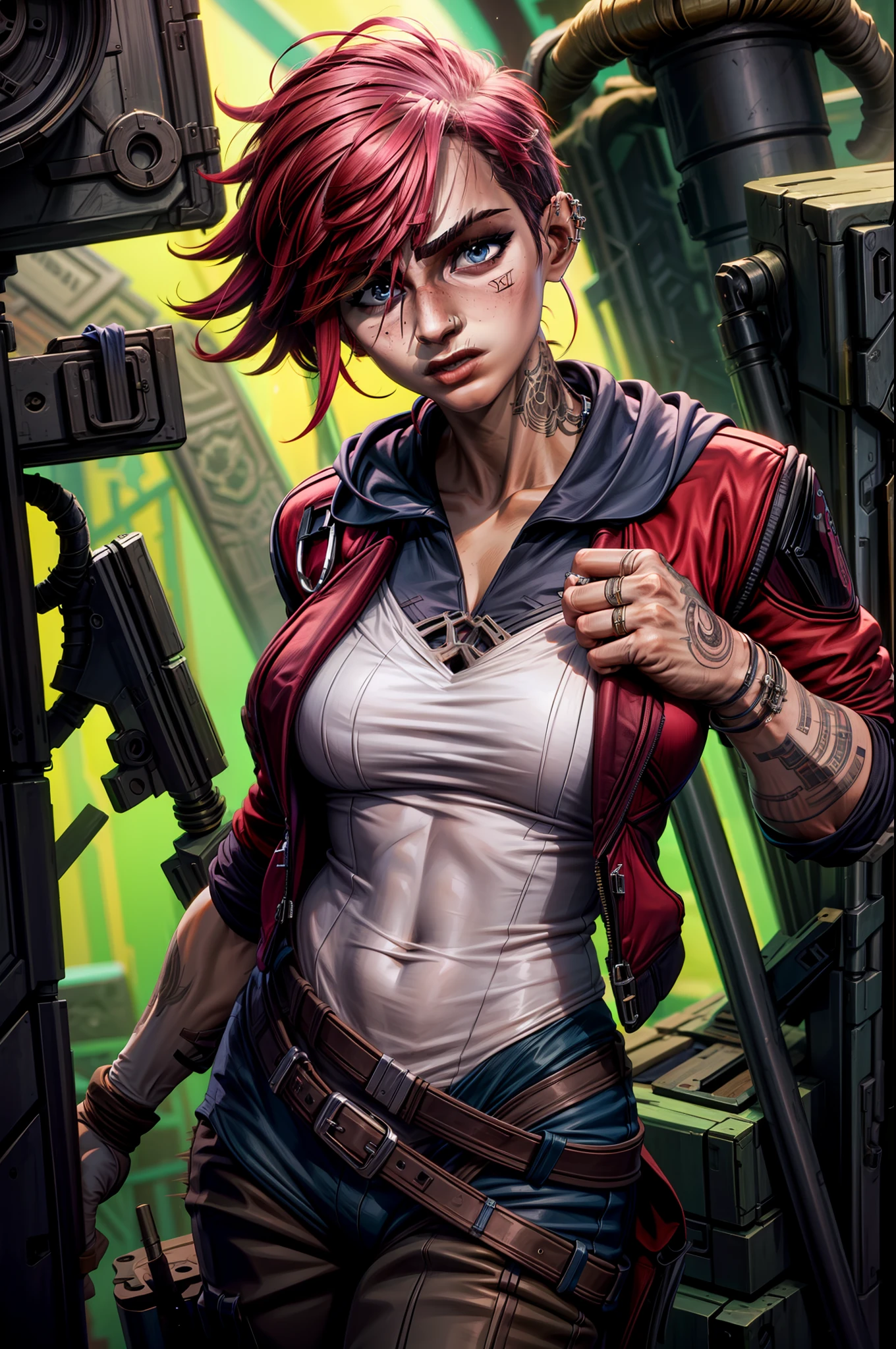 (masterpiece, best quality), intricate details, perfect eyes:1.2, detailed eyes:1.4, reelmech, wires, pistons, cyberpunk, v1l0l, 1girl, red jacket, nose piercing, cowboy shot, hoodie, fighting stance, blue pants,