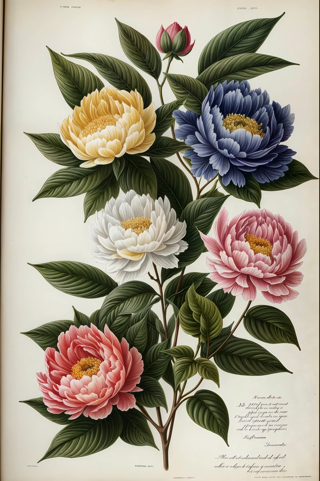 (mejor calidad:1.2), (detallado:1.2), (obra maestra:1.2), ilustraciones botánicas antiguas de peonías (1770 1775) en alta resolución por John Edwards