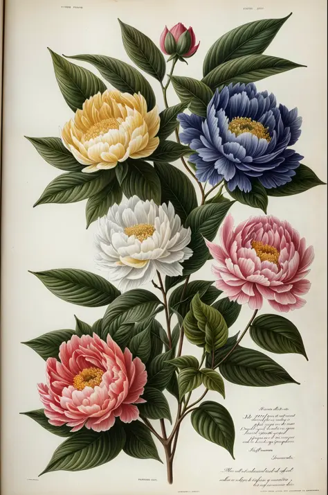 (best quality:1.2), (detailed:1.2), (masterpiece:1.2), vintage botanical illustrations of peonies (1770 1775) in high resolutio...