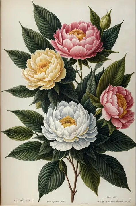 (best quality:1.2), (detailed:1.2), (masterpiece:1.2), vintage botanical illustrations of peonies (1770 1775) in high resolutio...