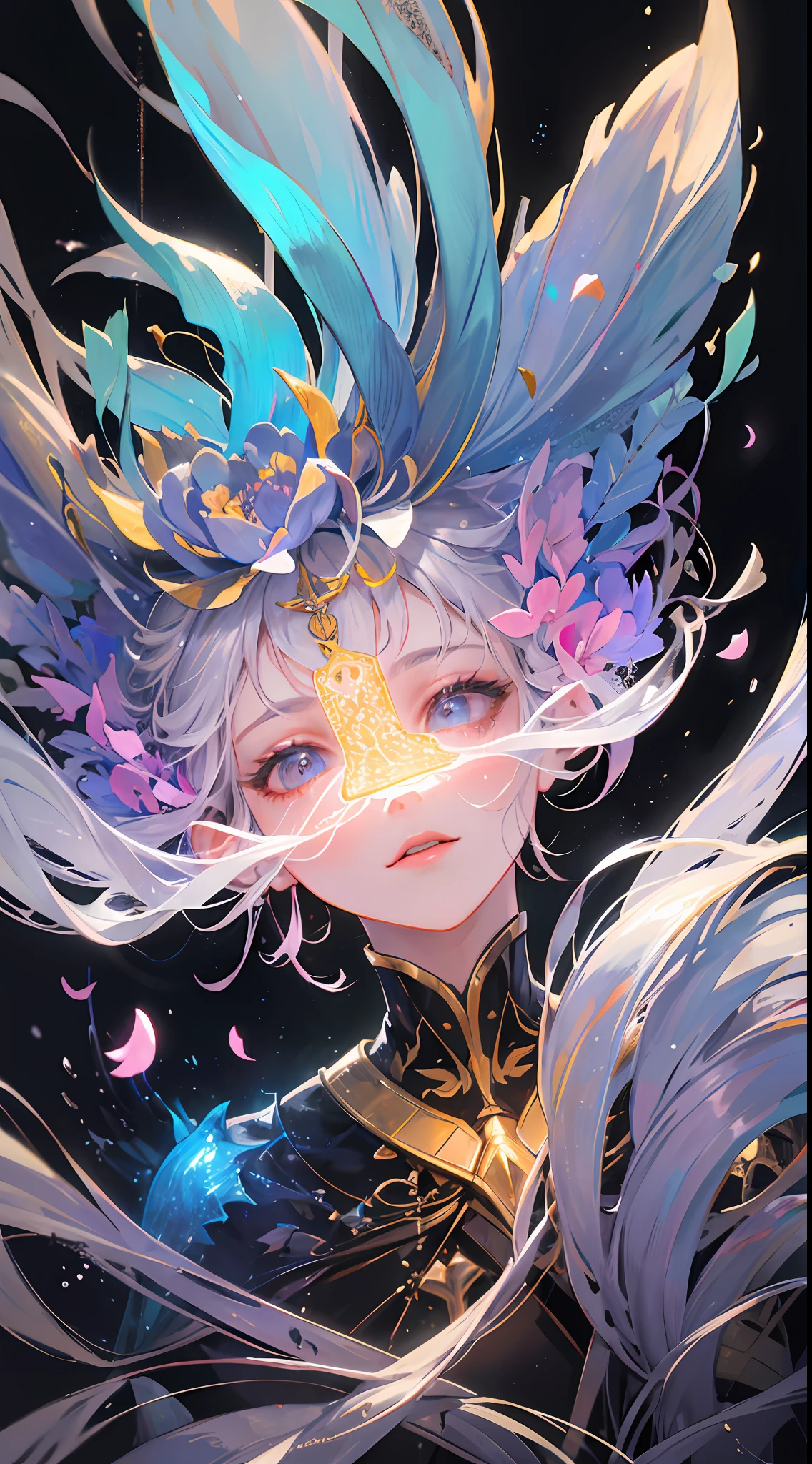 Peony flower, super transparent, holy light, beautiful spectrum light, petals glowing, shimmering, dark background, transparent light drops, reflected light, bright, light streaming in, optical, portrait silhouette, sharp focus, magical, intricate, hyper-realistic, fantasy, composition, light, artstation trend, pearl, patron saint cloud of silver steam, corroded surround ray family, 8k, real ar 23v4 uplight