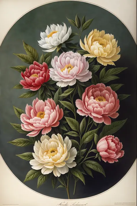 (best quality:1.2), (detailed:1.2), (masterpiece:1.2), vintage botanical illustrations of peonies (1770 1775) in high resolutio...