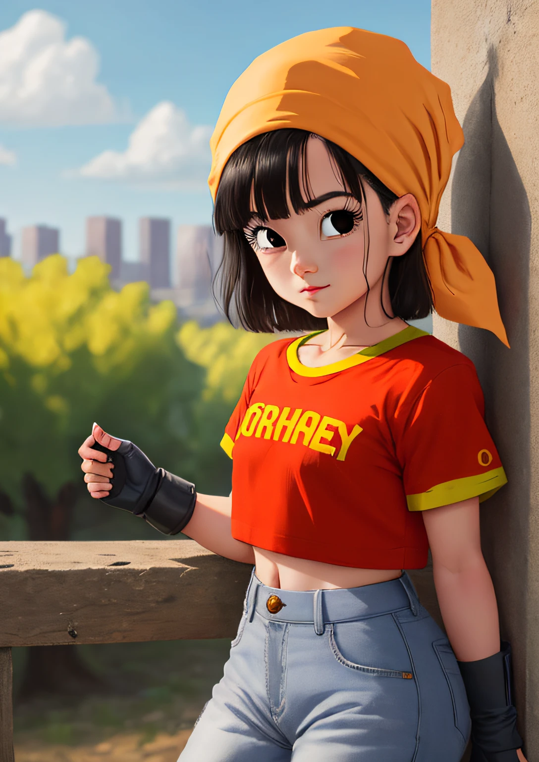 masterpiece, best quality, highest quality, photorealistic, perfect anatomy, perfect face, perfect eyes,
pandballgt, 1girl, black eyes, black hair, short hair, orange bandana, pants, fingerless gloves, red shirt, crop top, outdoors, child female